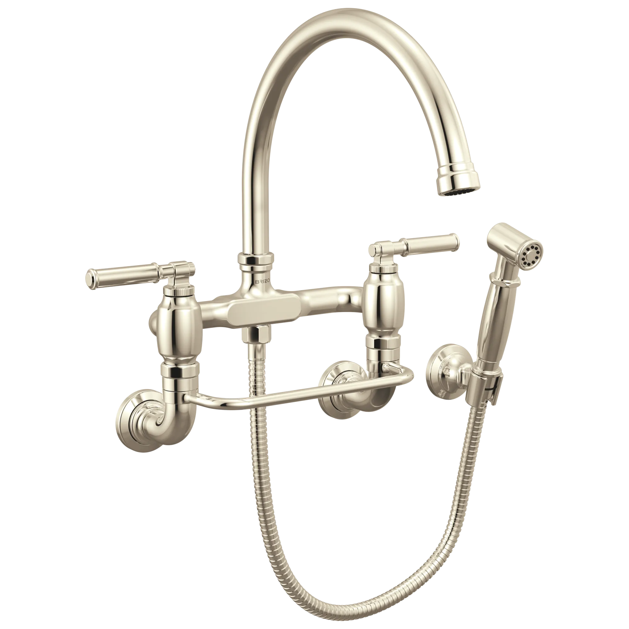 Brizo Faircroft Mezcladora Puente de Pared — Surtidor en Arco con Rociador Lateral — Níquel Pulido — Manija Coin Edge