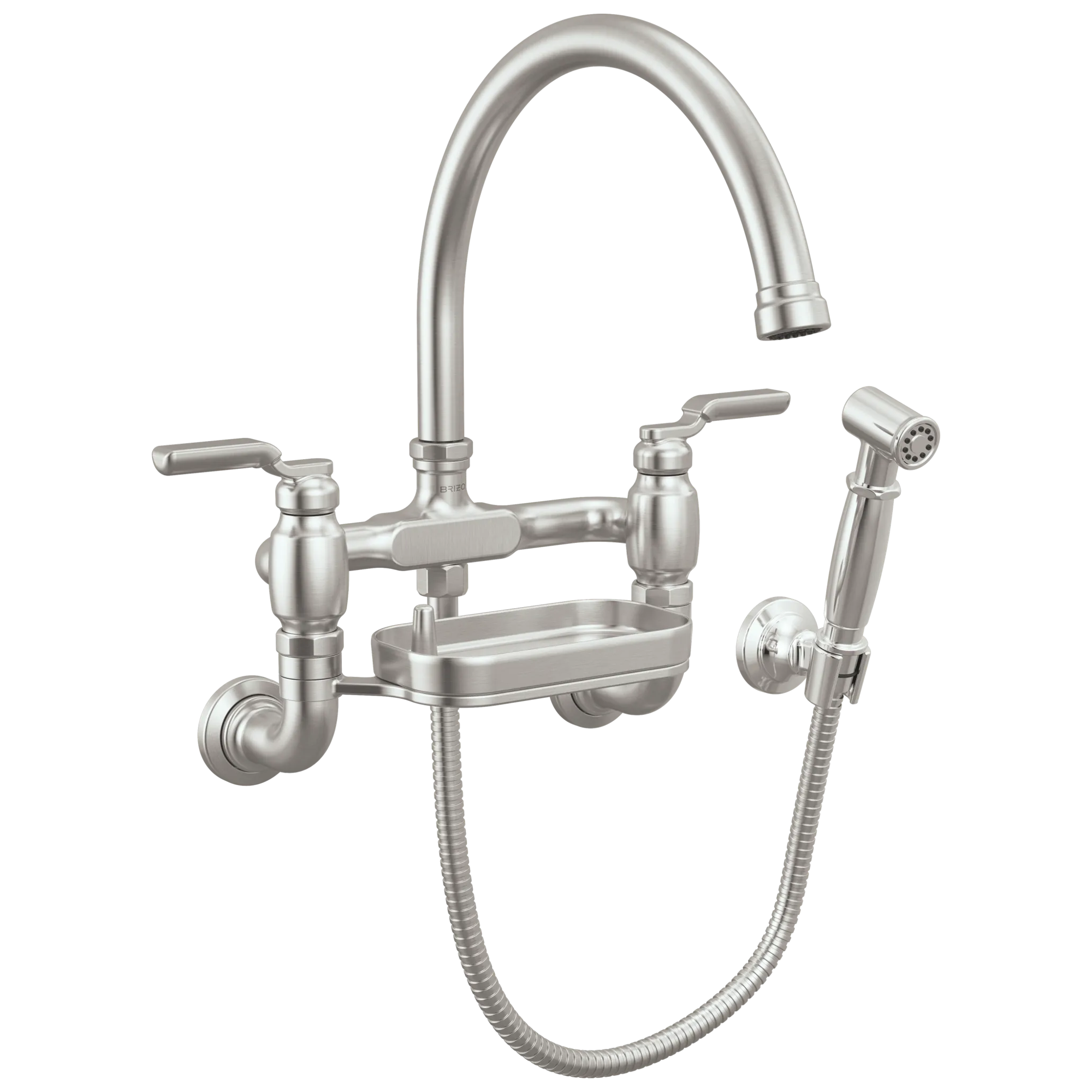 Brizo Faircroft Mezcladora Puente de Pared — Surtidor en Arco con Rociador Lateral — Acero Inoxidable — Manija Industrial