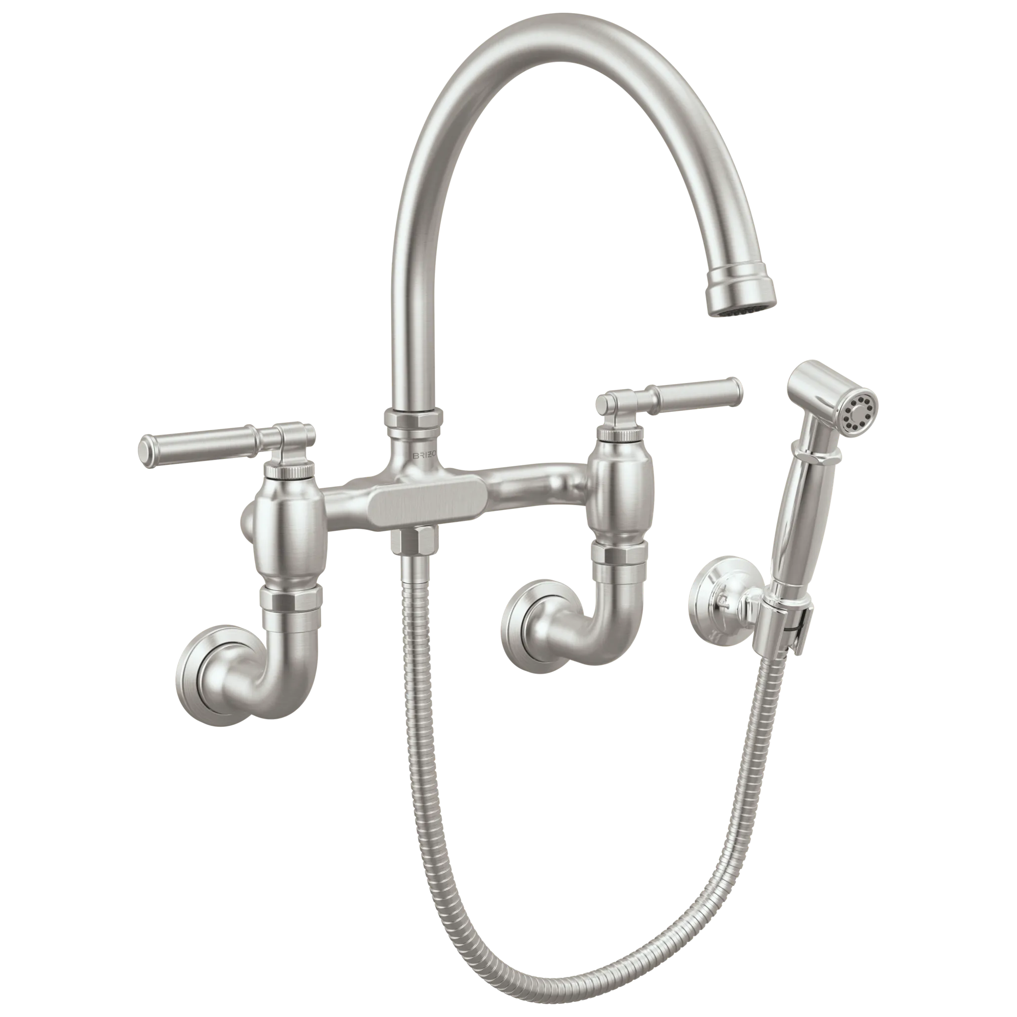 Brizo Faircroft Mezcladora Puente de Pared — Surtidor en Arco con Rociador Lateral — Acero Inoxidable — Manija Coin Edge