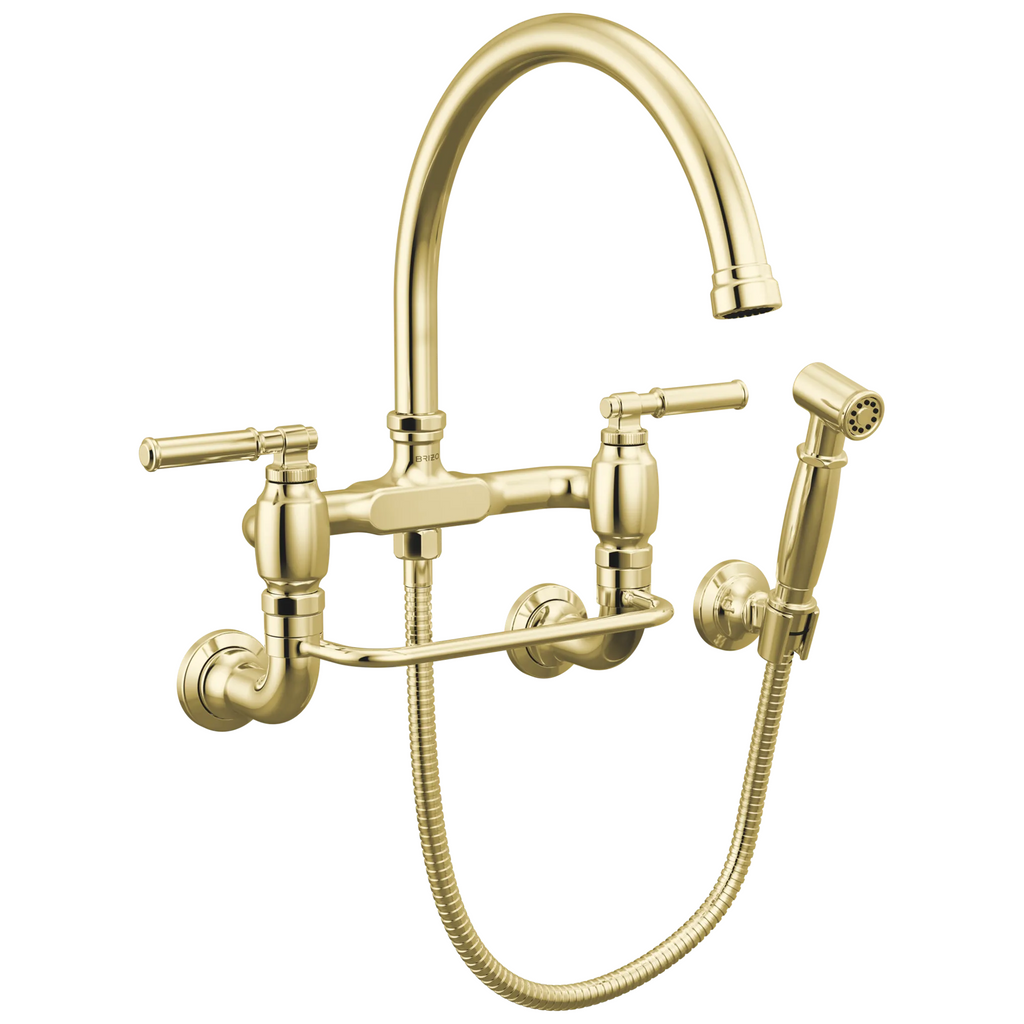 Brizo Faircroft Mezcladora Puente de Pared — Surtidor en Arco con Rociador Lateral — Latón sin Laca — Manija Coin Edge