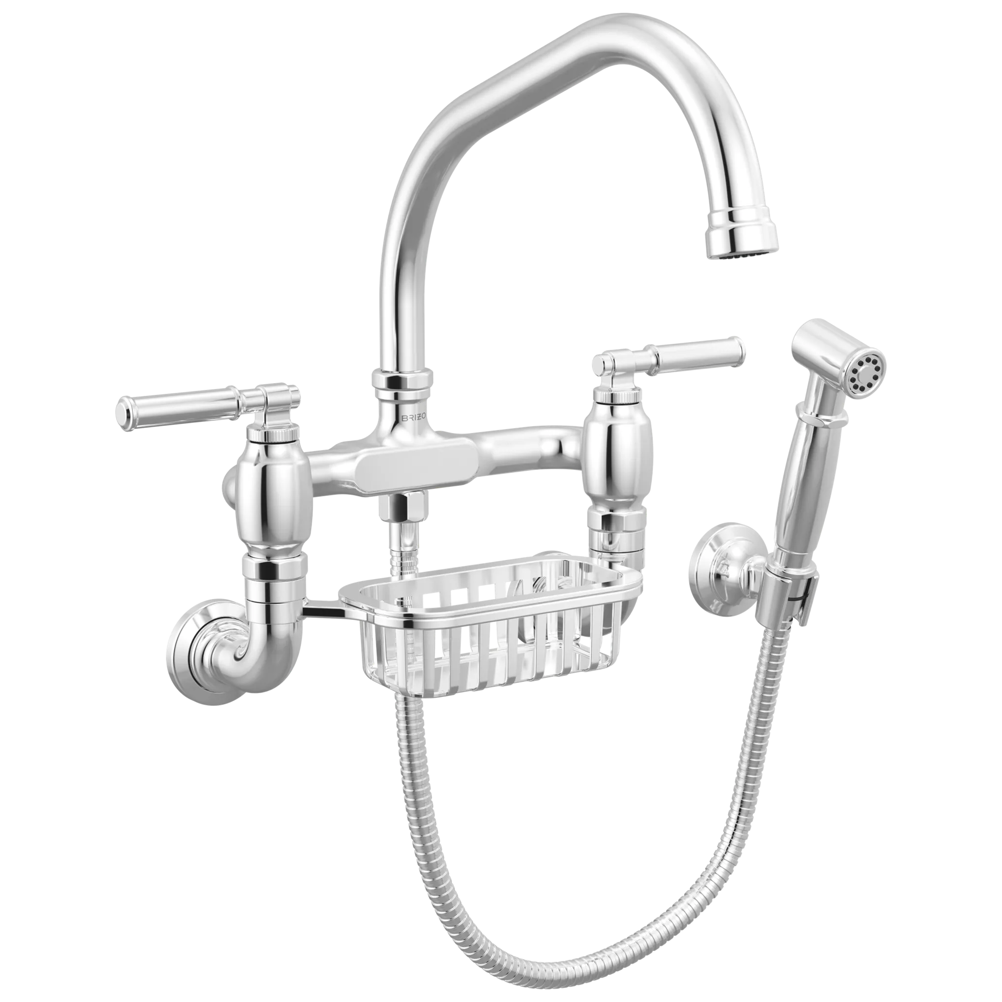 Brizo Faircroft Mezcladora Puente de Pared — Surtidor en Ángulo con Rociador Lateral — Cromo — Manija Coin Edge
