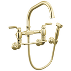 Brizo Faircroft Mezcladora Puente de Pared — Surtidor en Ángulo con Rociador Lateral — Latón sin Laca — Manija Industrial