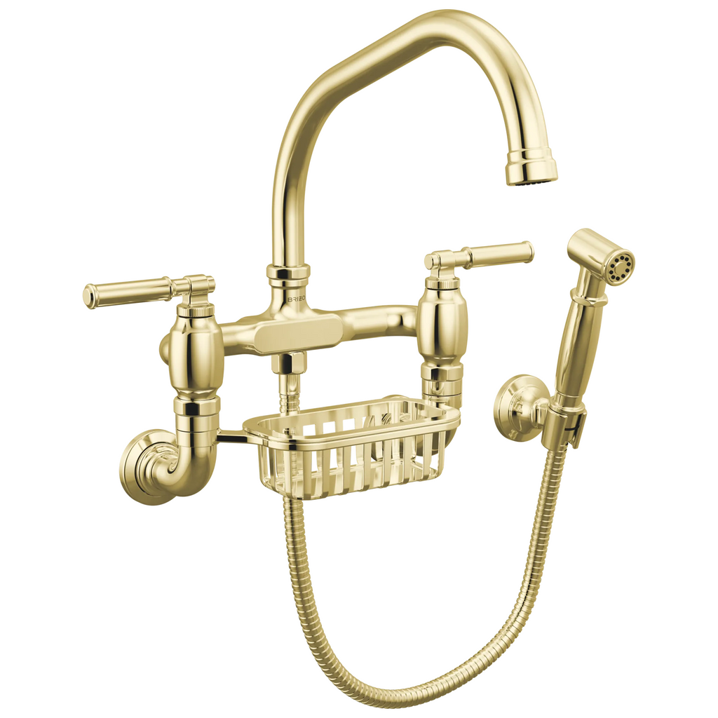 Brizo Faircroft Mezcladora Puente de Pared — Surtidor en Ángulo con Rociador Lateral — Latón sin Laca — Manija Coin Edge