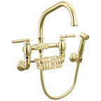 Brizo Faircroft Mezcladora Puente de Pared — Surtidor en Ángulo con Rociador Lateral — Latón sin Laca — Manija Coin Edge