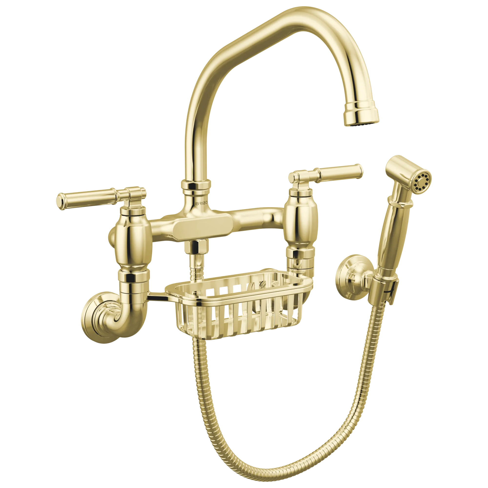Brizo Faircroft Mezcladora Puente de Pared — Surtidor en Ángulo con Rociador Lateral — Latón sin Laca — Manija Coin Edge