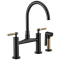 Brizo Litze Mezcladora Puente — Surtidor en Arco, Manija Knurled — Negro Mate/Oro Luxe