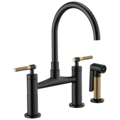 Brizo Litze Mezcladora Puente — Surtidor en Arco, Manija Knurled — Negro Mate/Oro Luxe