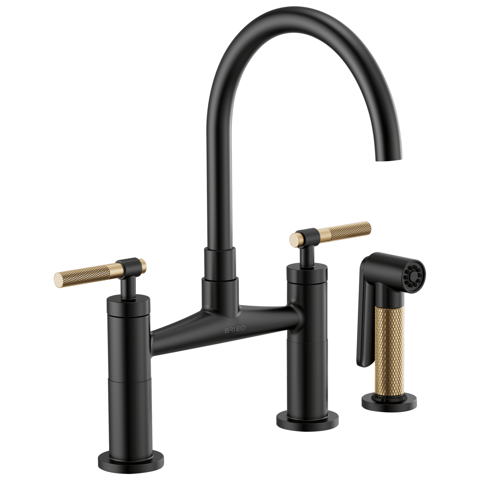Brizo Litze Mezcladora Puente — Surtidor en Arco, Manija Knurled — Negro Mate/Oro Luxe