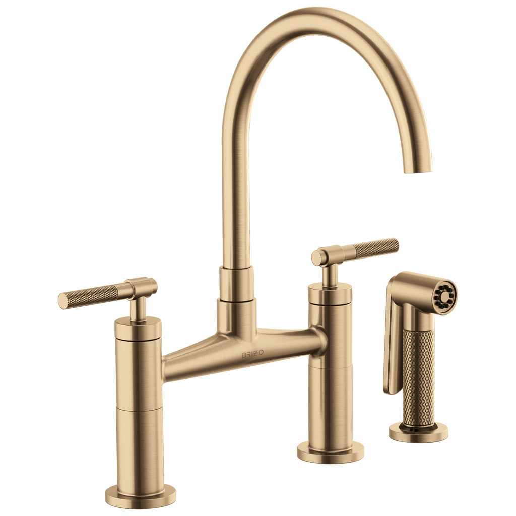 Brizo Litze Mezcladora Puente — Surtidor en Arco, Manija Knurled — Oro Luxe