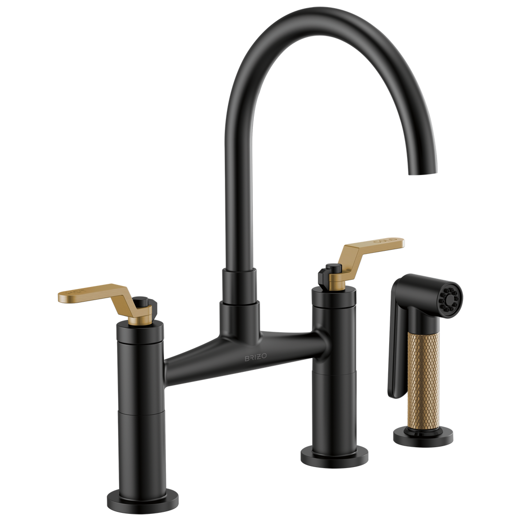 Brizo Litze Mezcladora Puente — Surtidor en Arco, Manija Industrial — Negro Mate/Oro Luxe