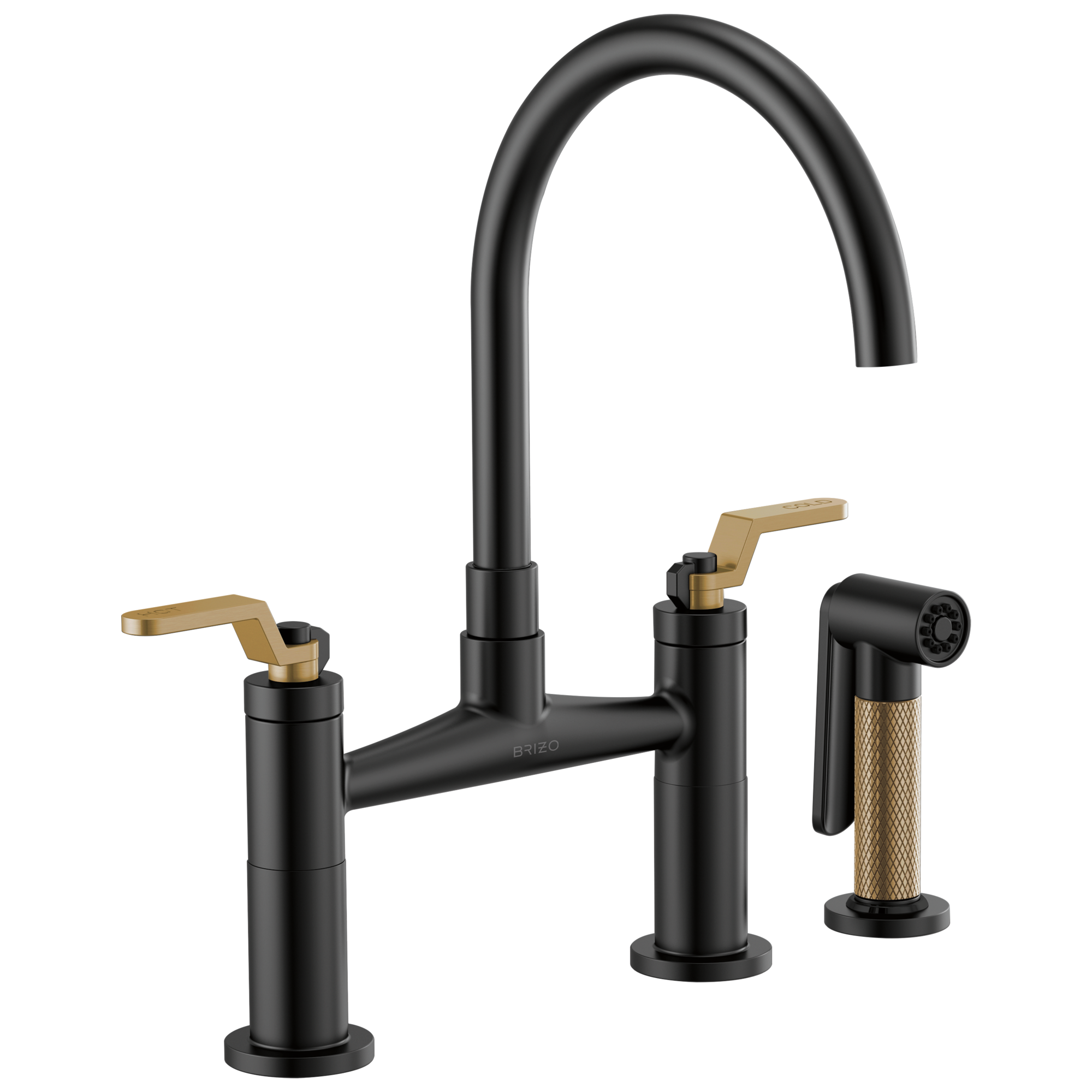 Brizo Litze Mezcladora Puente — Surtidor en Arco, Manija Industrial — Negro Mate/Oro Luxe