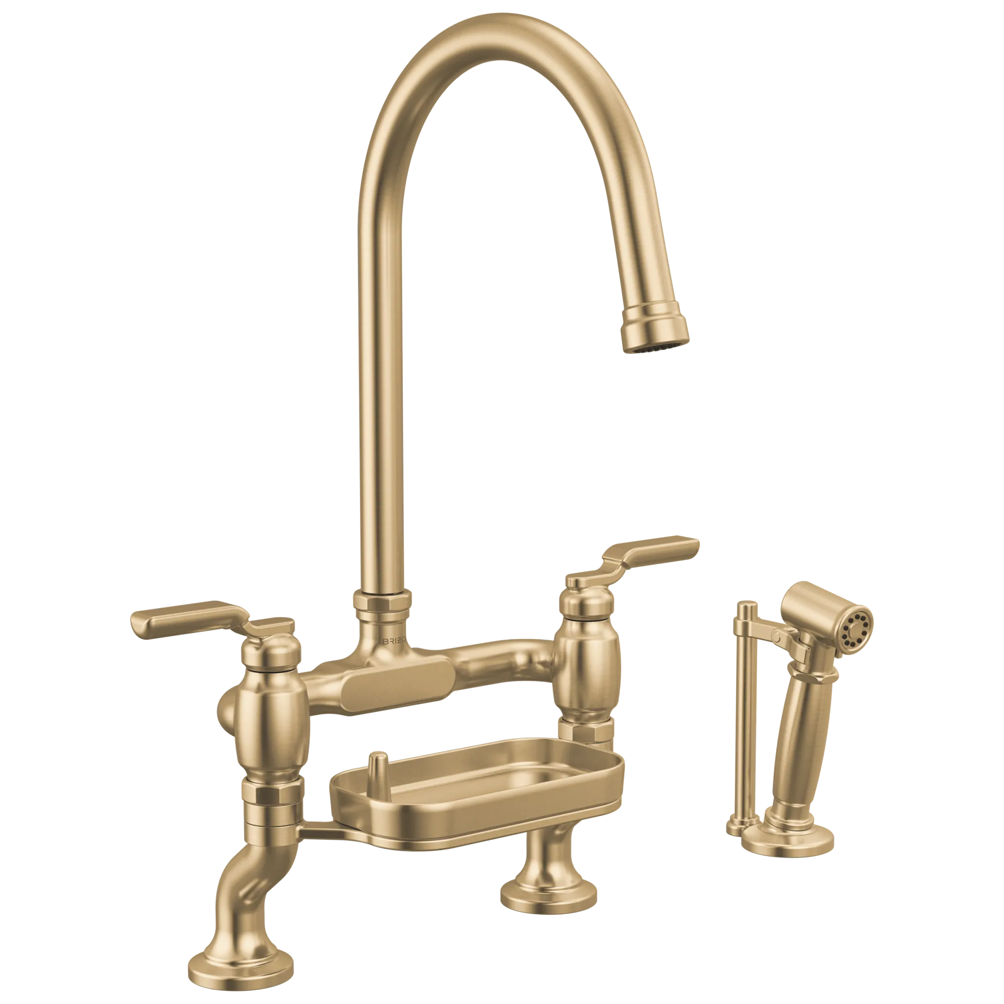 Brizo Faircroft Mezcladora Puente de Cubierta — Surtidor en Arco con Rociador Lateral — Oro Luxe — Manija Industrial