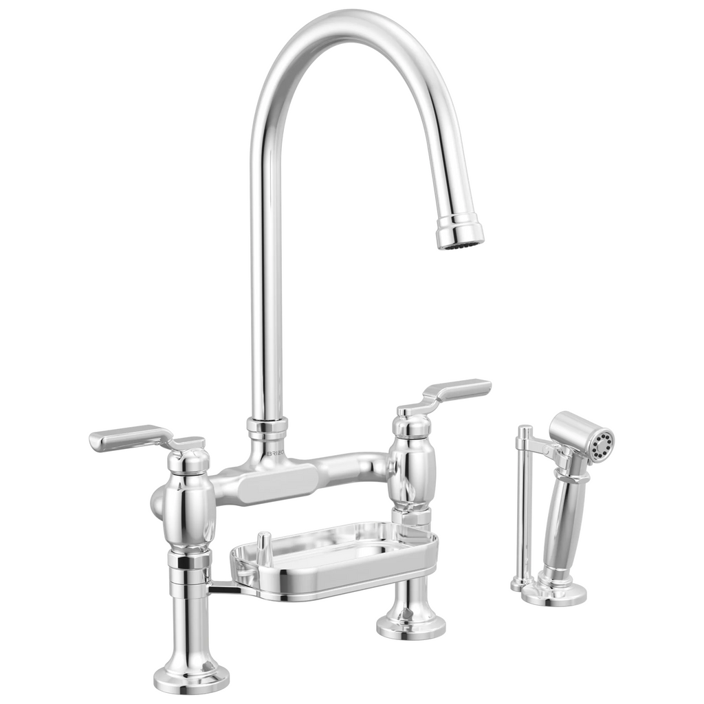 Brizo Faircroft Mezcladora Puente de Cubierta — Surtidor en Arco con Rociador Lateral — Cromo — Manija Industrial