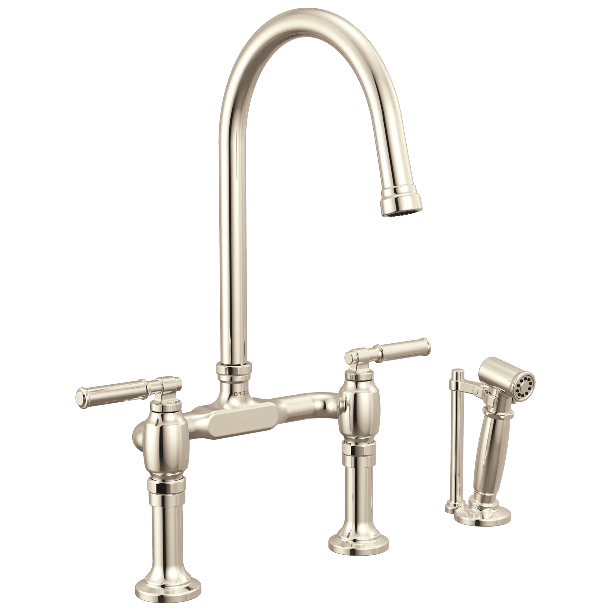 Brizo Faircroft Mezcladora Puente de Cubierta — Surtidor en Arco con Rociador Lateral — Níquel Pulido — Manija Coin Edge