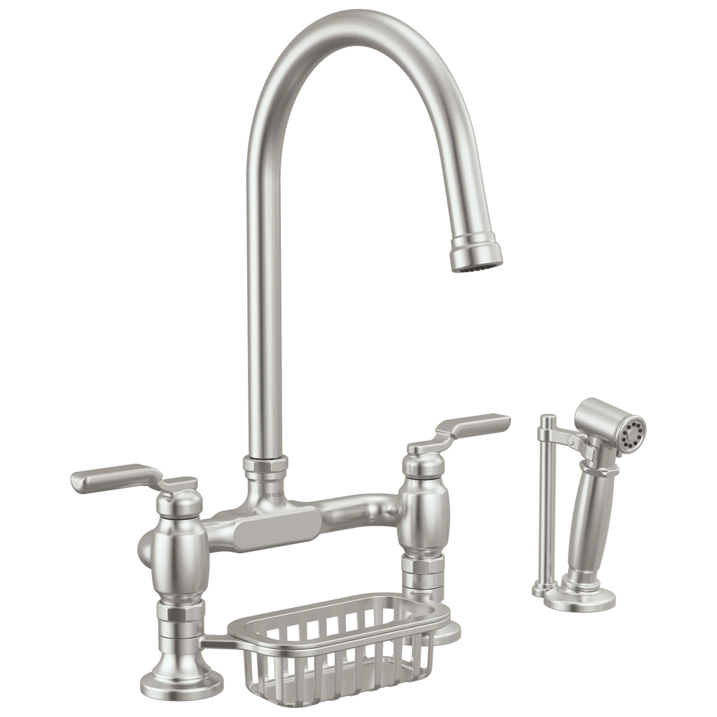 Brizo Faircroft Mezcladora Puente de Cubierta — Surtidor en Arco con Rociador Lateral — Acero Inoxidable — Manija Industrial