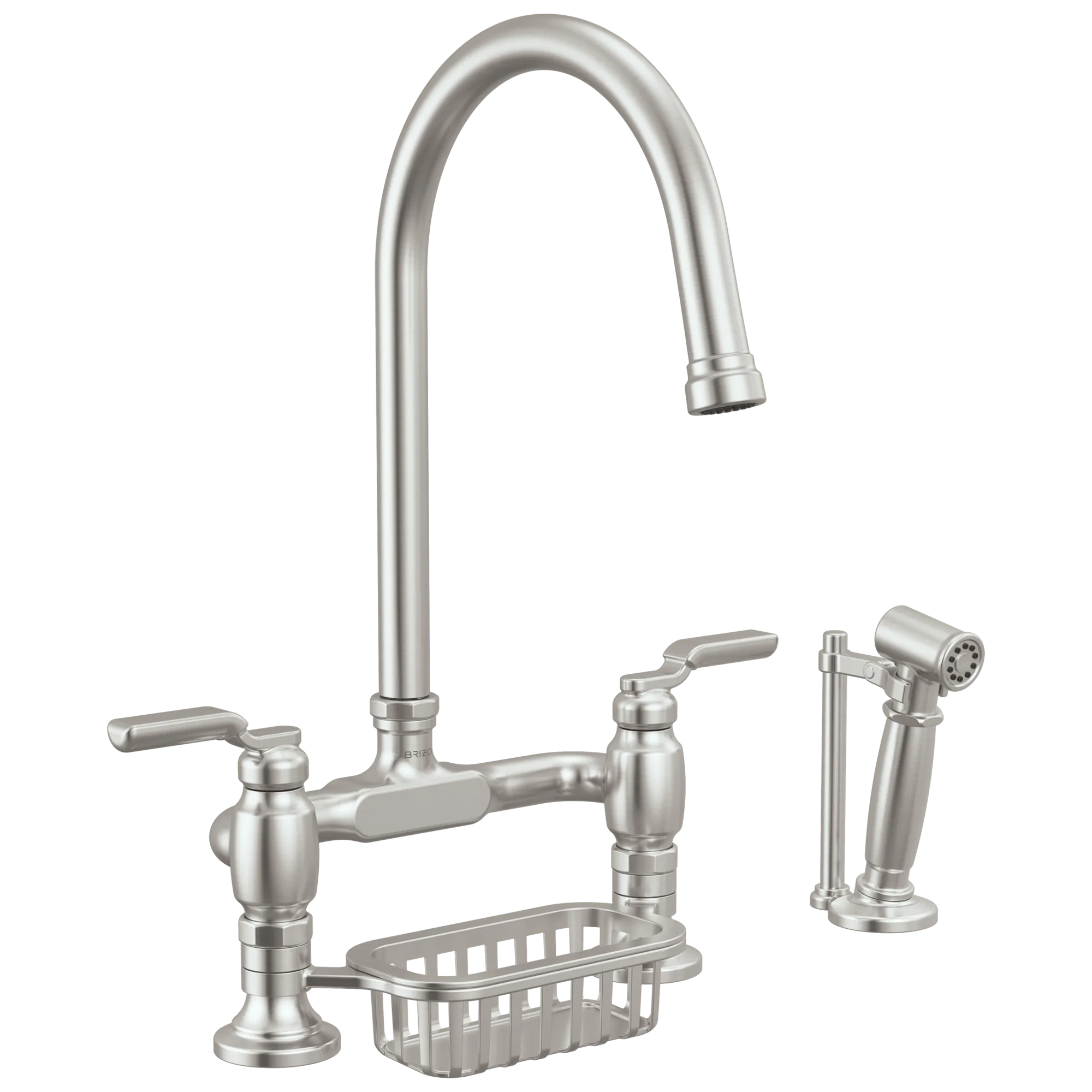 Brizo Faircroft Mezcladora Puente de Cubierta — Surtidor en Arco con Rociador Lateral — Acero Inoxidable — Manija Industrial