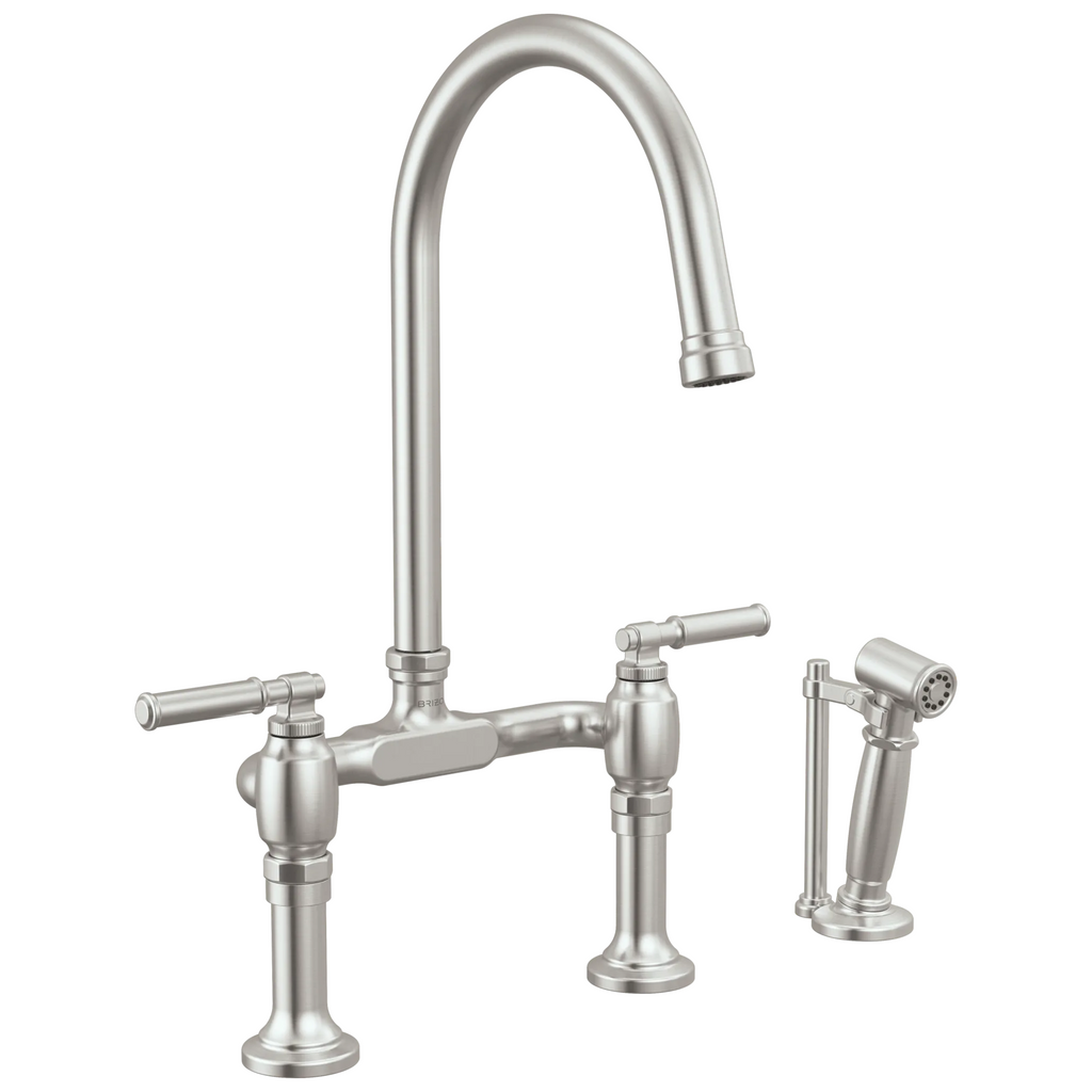 Brizo Faircroft Mezcladora Puente de Cubierta — Surtidor en Arco con Rociador Lateral — Acero Inoxidable — Manija Coin Edge