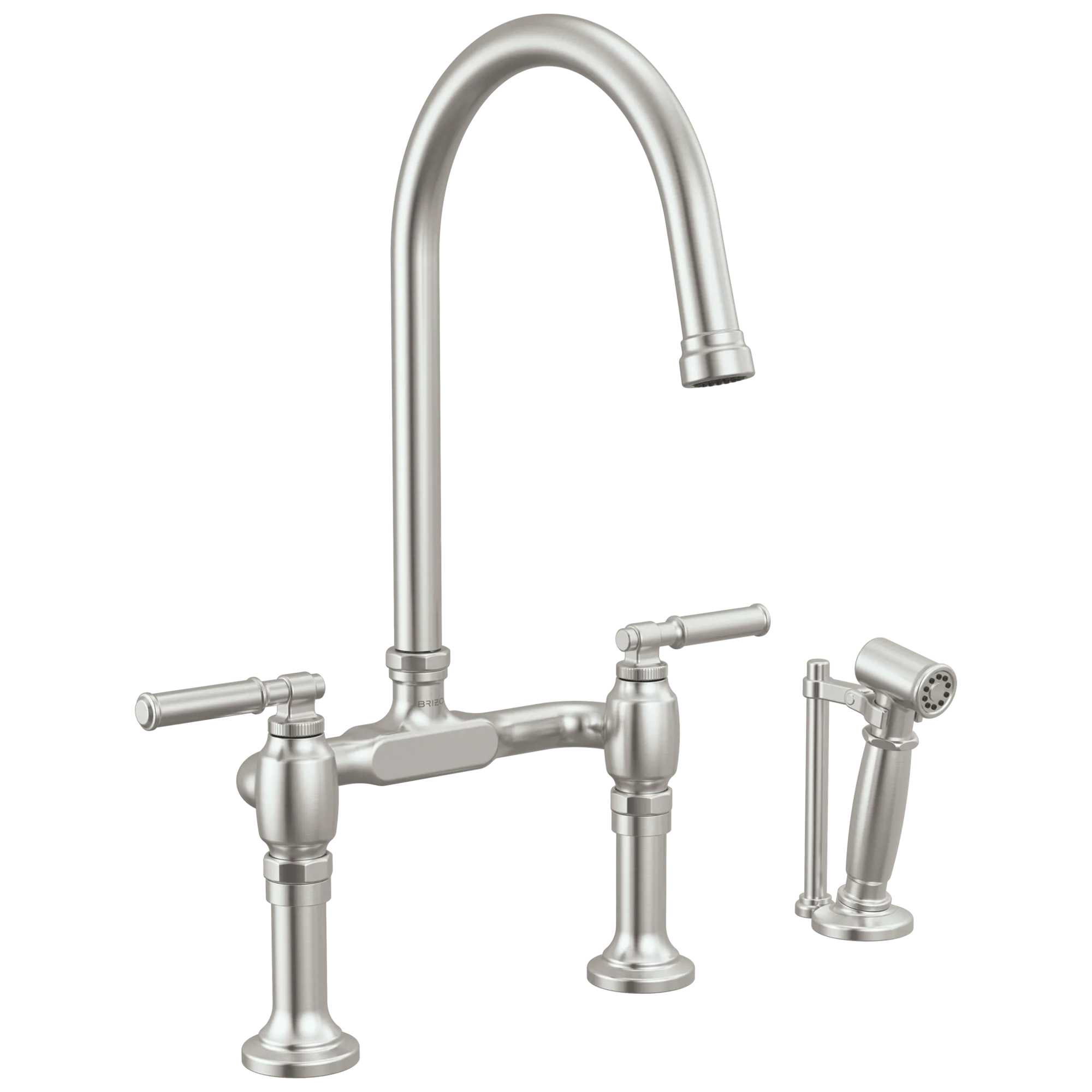 Brizo Faircroft Mezcladora Puente de Cubierta — Surtidor en Arco con Rociador Lateral — Acero Inoxidable — Manija Coin Edge