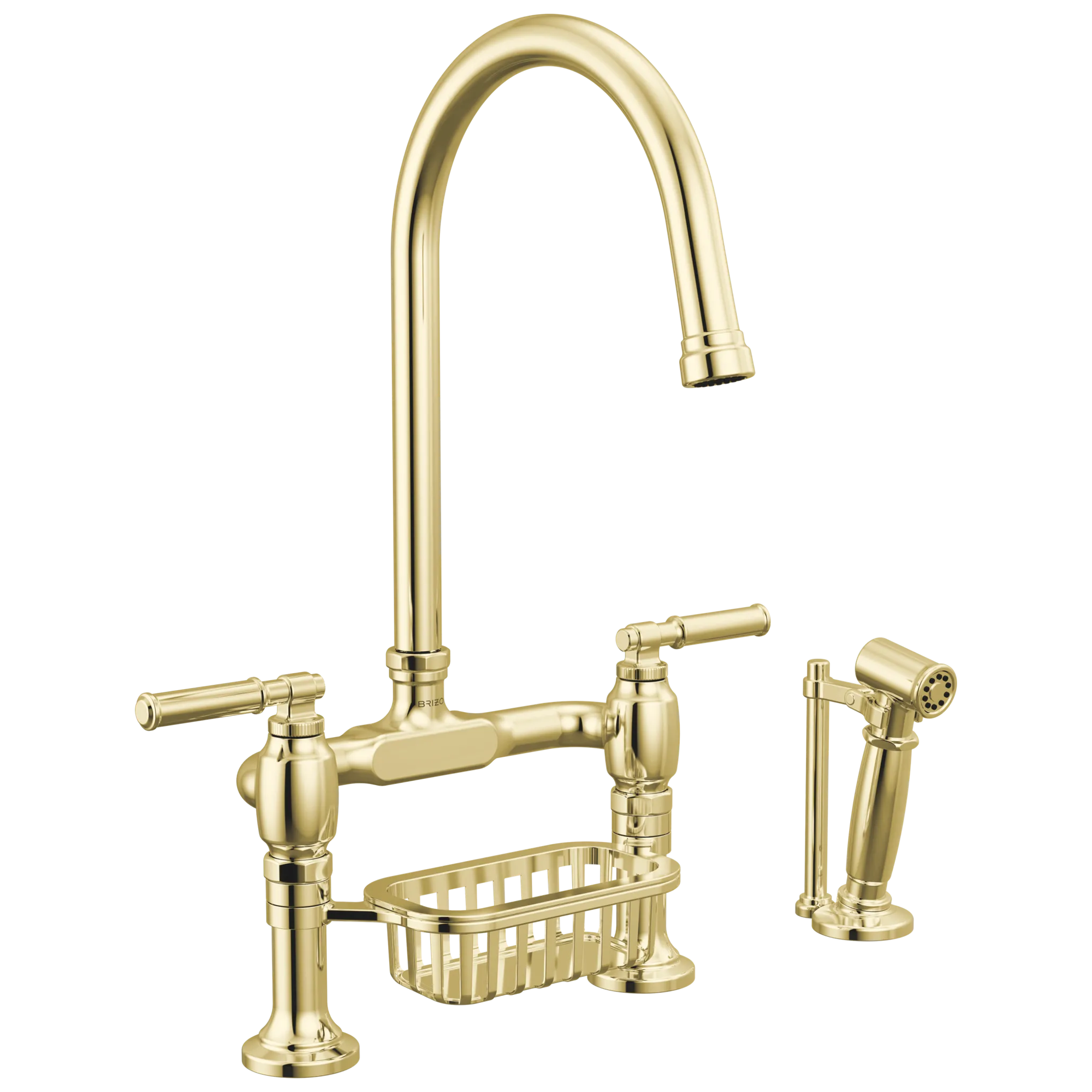 Brizo Faircroft Mezcladora Puente de Cubierta — Surtidor en Arco con Rociador Lateral — Latón sin Laca — Manija Coin Edge