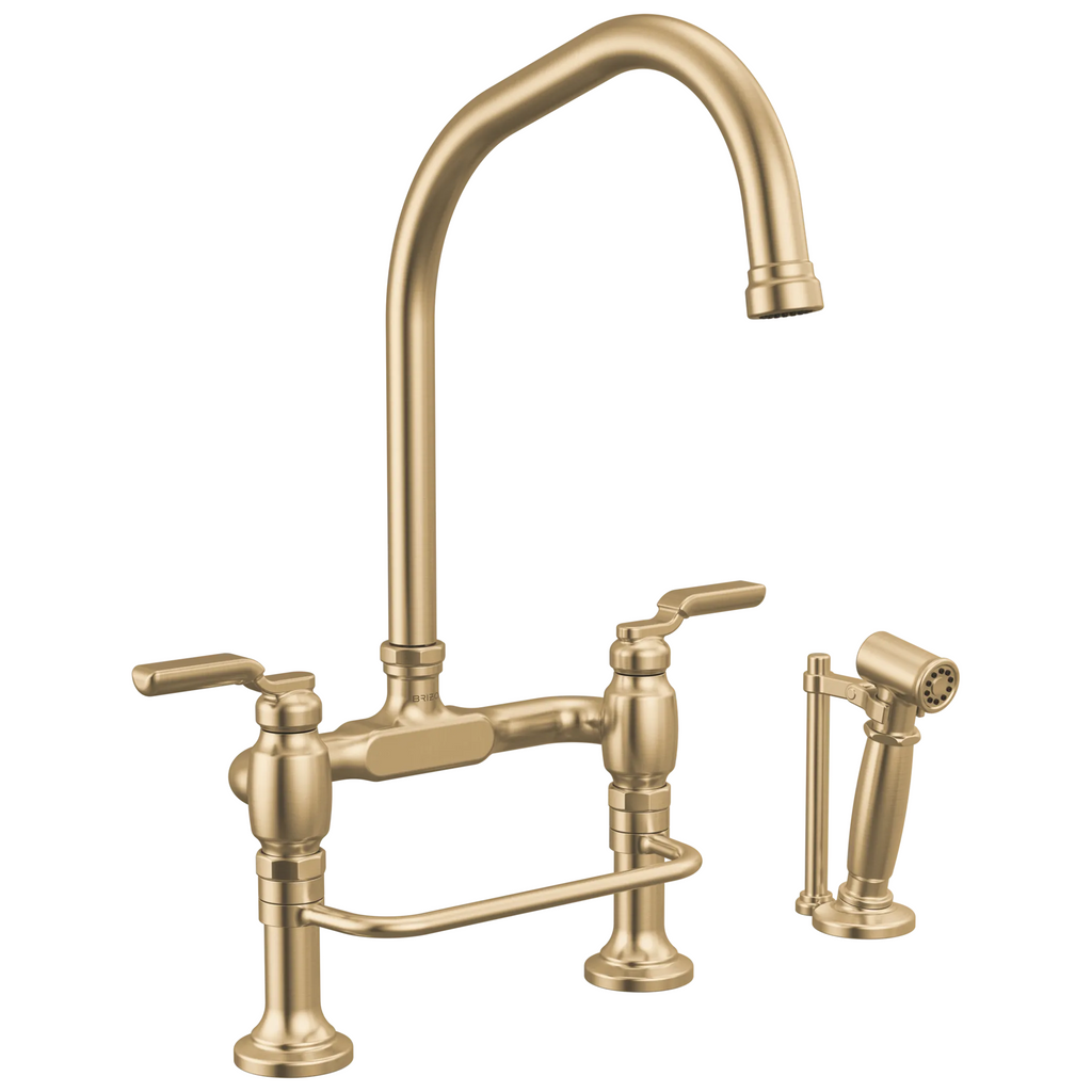 Brizo Faircroft Mezcladora Puente de Cubierta — Surtidor en Ángulo con Rociador Lateral — Oro Luxe — Manija Industrial