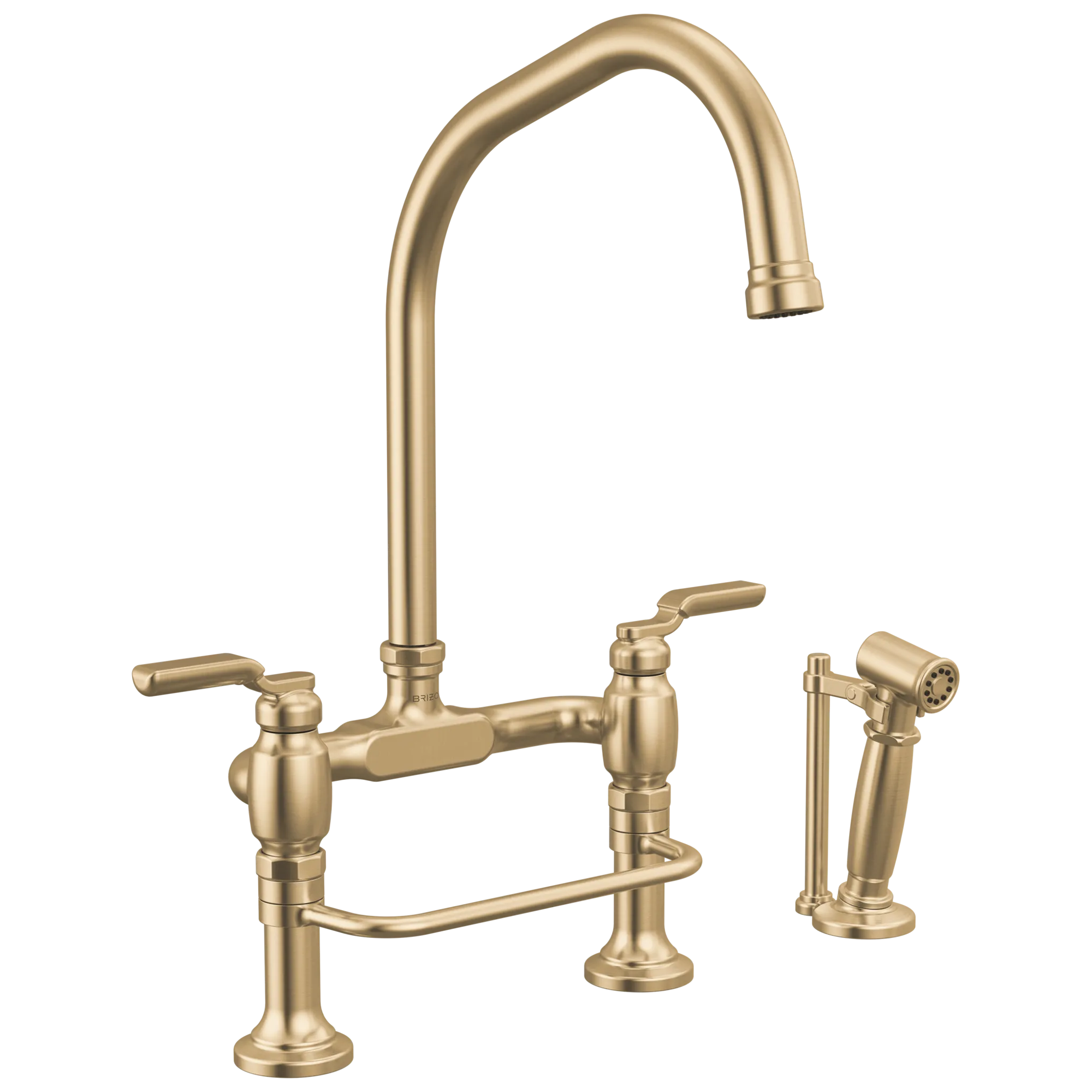 Brizo Faircroft Mezcladora Puente de Cubierta — Surtidor en Ángulo con Rociador Lateral — Oro Luxe — Manija Industrial