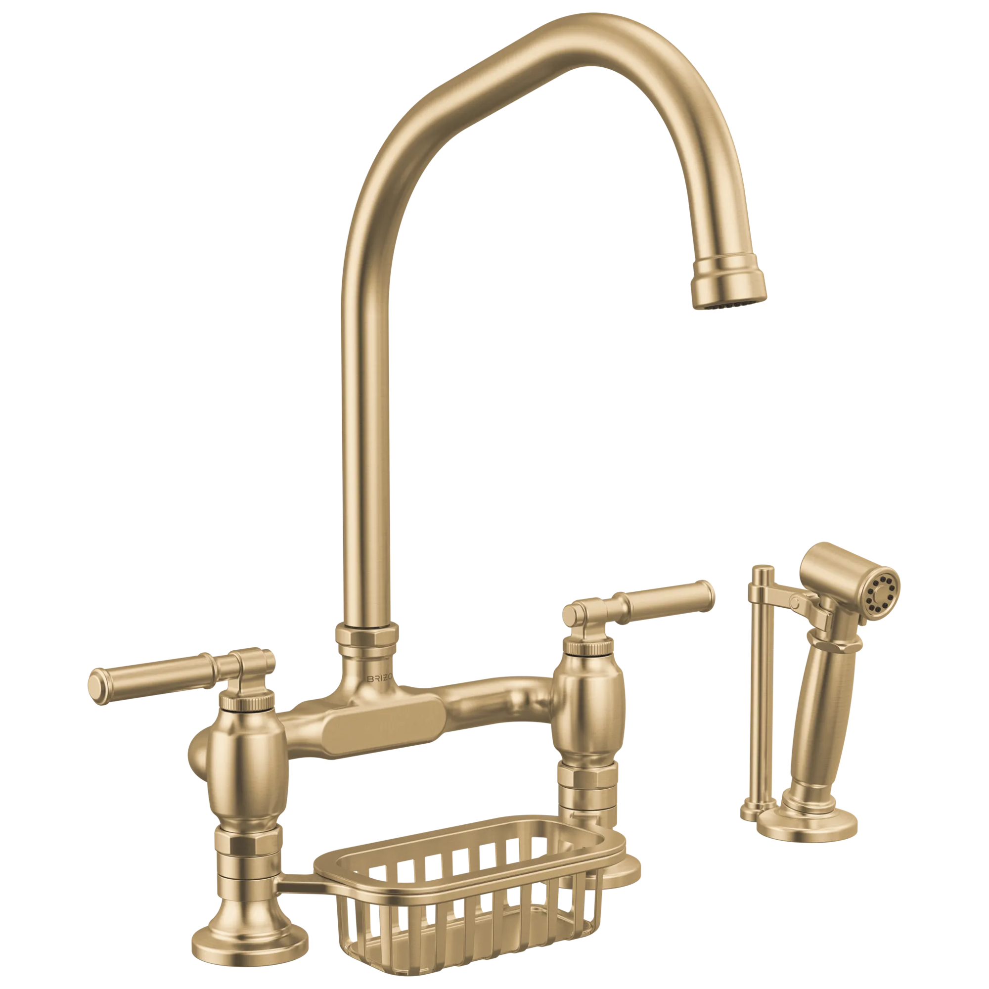 Brizo Faircroft Mezcladora Puente de Cubierta — Surtidor en Ángulo con Rociador Lateral — Oro Luxe — Manija Coin Edge