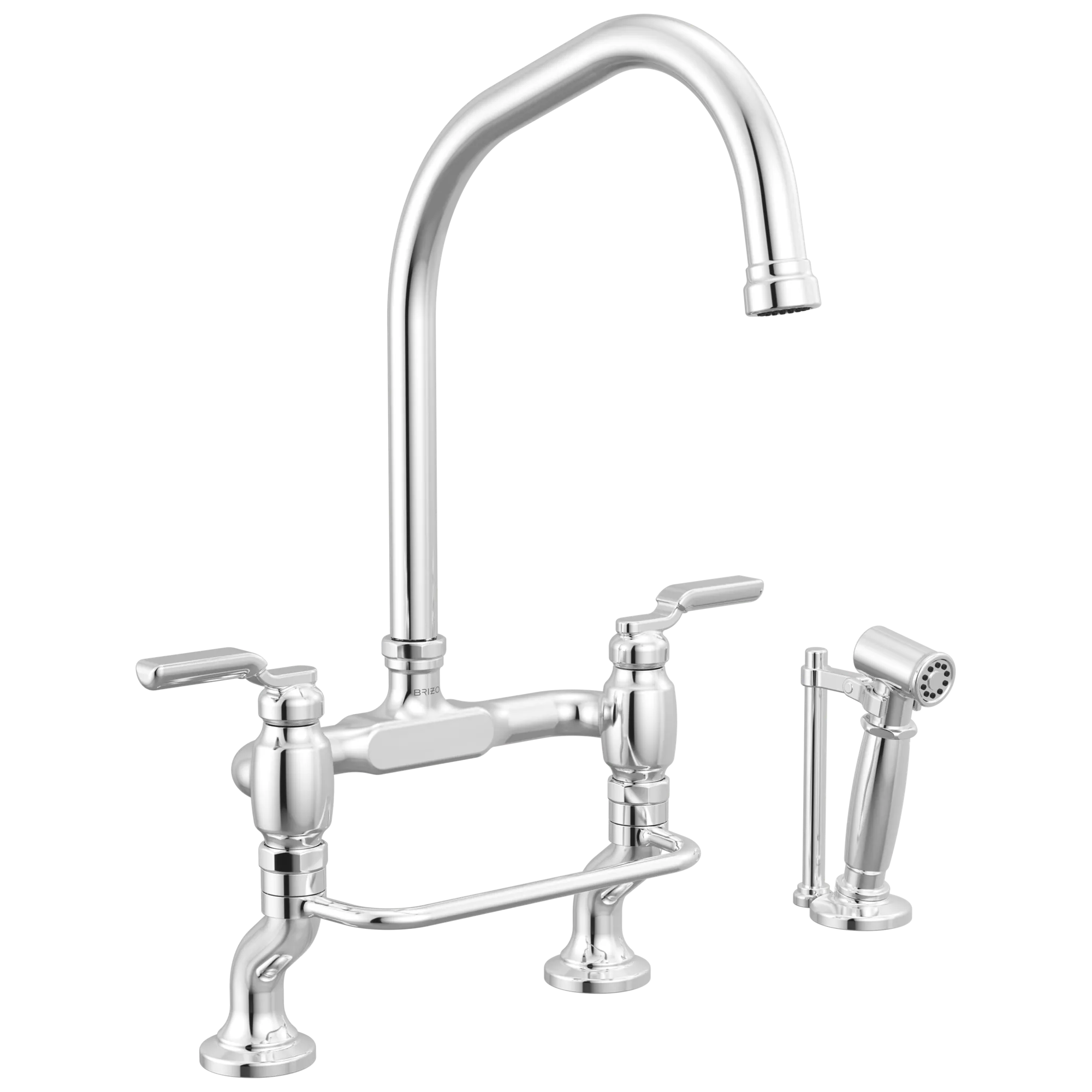 Brizo Faircroft Mezcladora Puente de Cubierta — Surtidor en Ángulo con Rociador Lateral — Cromo — Manija Industrial