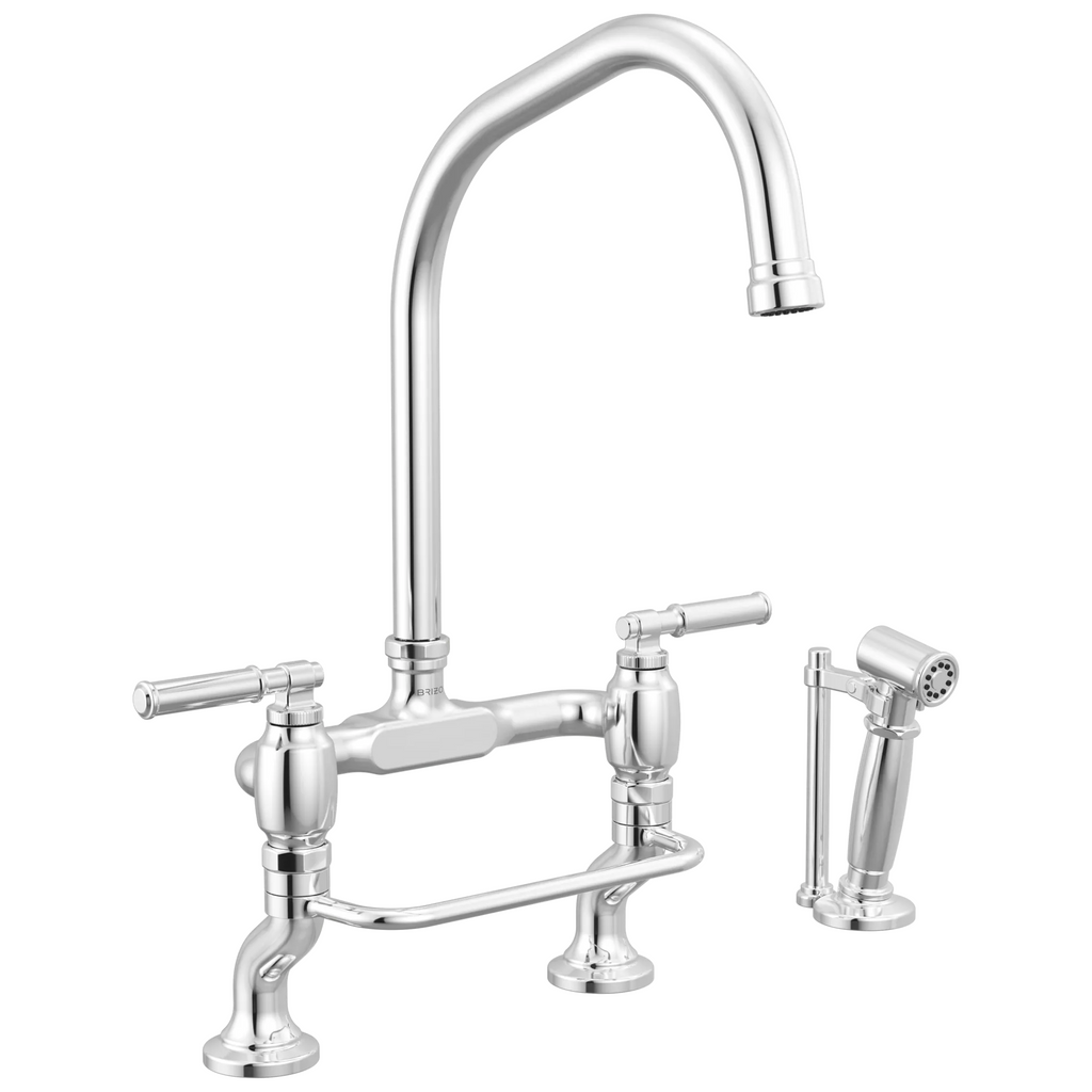 Brizo Faircroft Mezcladora Puente de Cubierta — Surtidor en Ángulo con Rociador Lateral — Cromo — Manija Coin Edge