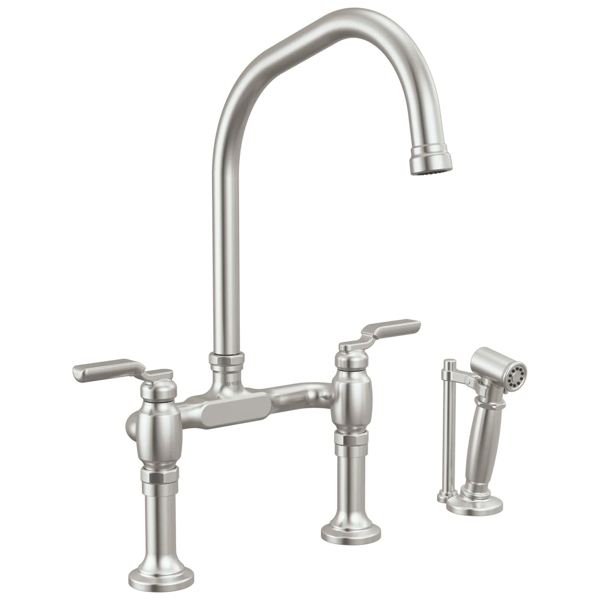 Brizo Faircroft Mezcladora Puente de Cubierta — Surtidor en Ángulo con Rociador Lateral — Acero Inoxidable — Manija Industrial
