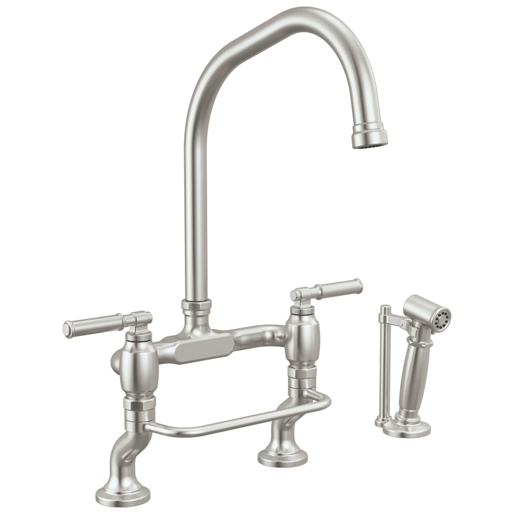 Brizo Faircroft Mezcladora Puente de Cubierta — Surtidor en Ángulo con Rociador Lateral — Acero Inoxidable — Manija Coin Edge