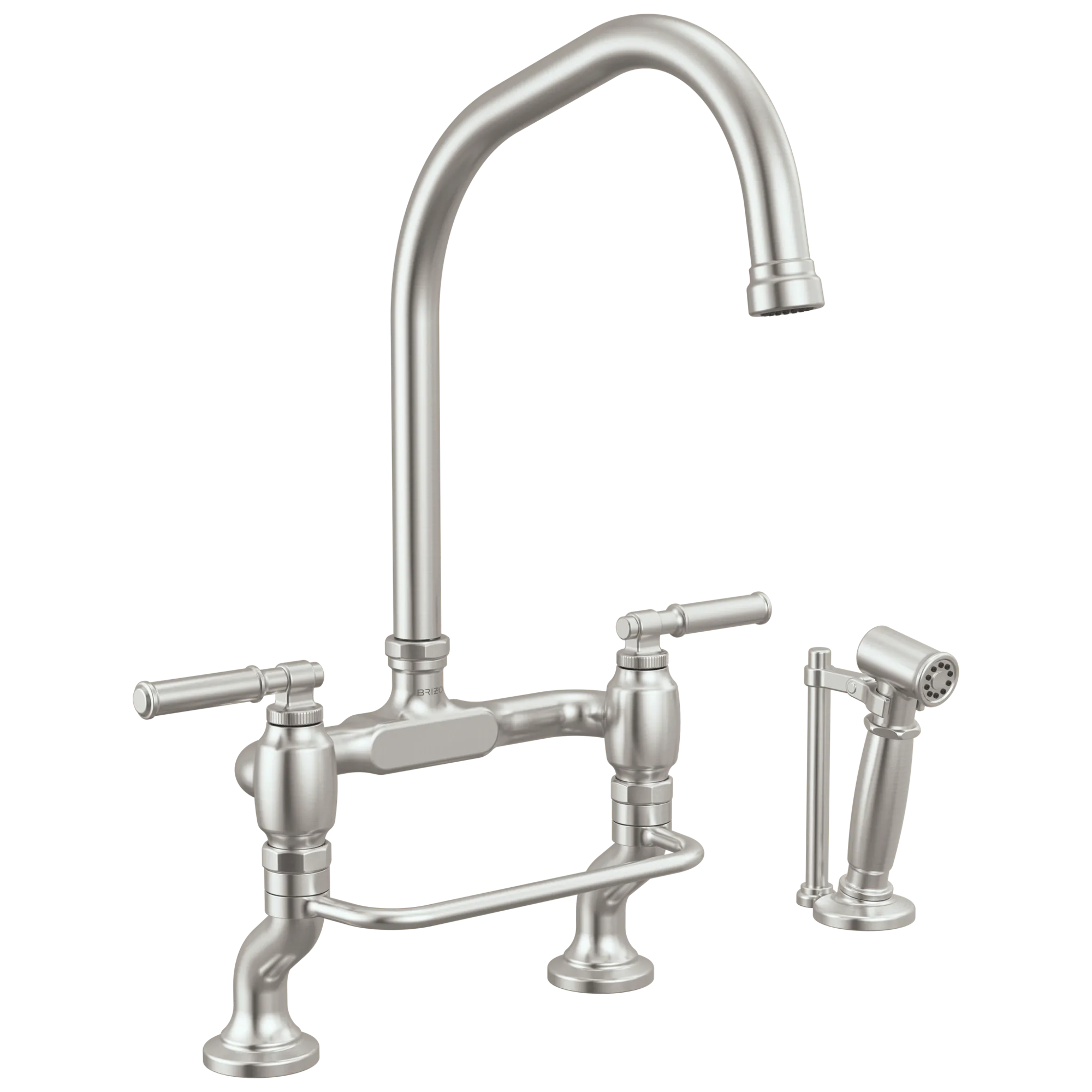 Brizo Faircroft Mezcladora Puente de Cubierta — Surtidor en Ángulo con Rociador Lateral — Acero Inoxidable — Manija Coin Edge