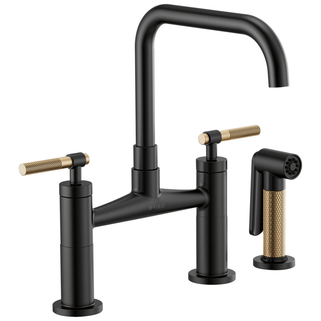 Brizo Litze Mezcladora Puente — Surtidor Cuadrado, Manija Knurled — Negro Mate/Oro Luxe