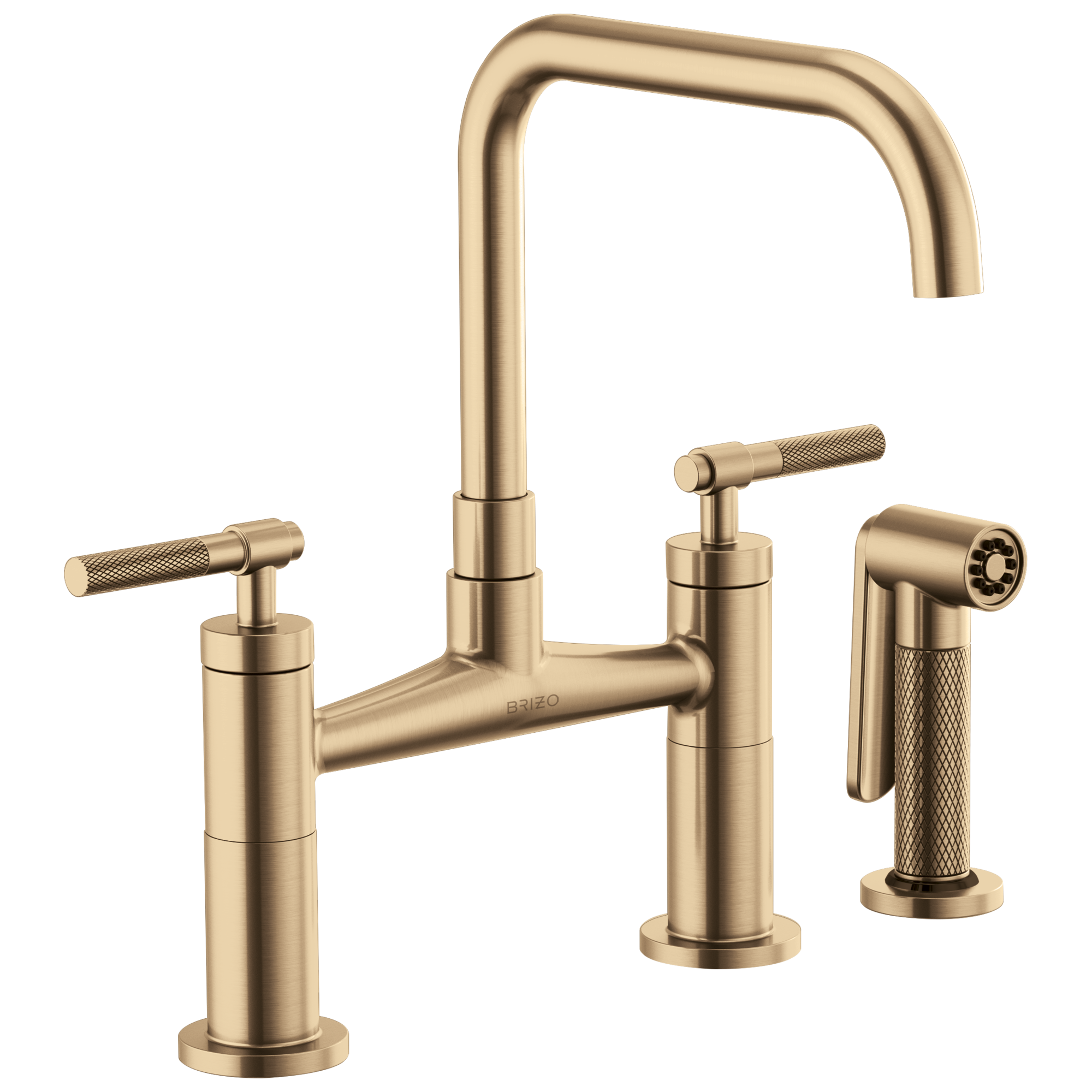 Brizo Litze Mezcladora Puente — Surtidor Cuadrado, Manija Knurled — Oro Luxe