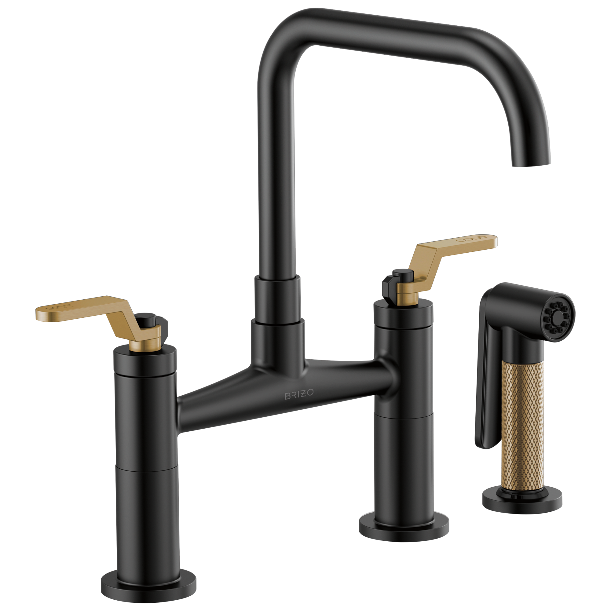 Brizo Litze Mezcladora Puente — Surtidor Cuadrado, Manija Industrial — Negro Mate/Oro Luxe