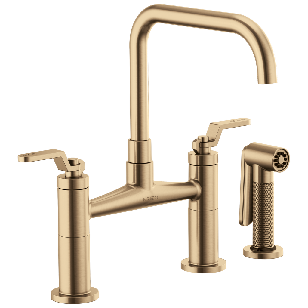 Brizo Litze Mezcladora Puente — Surtidor Cuadrado, Manija Industrial — Oro Luxe