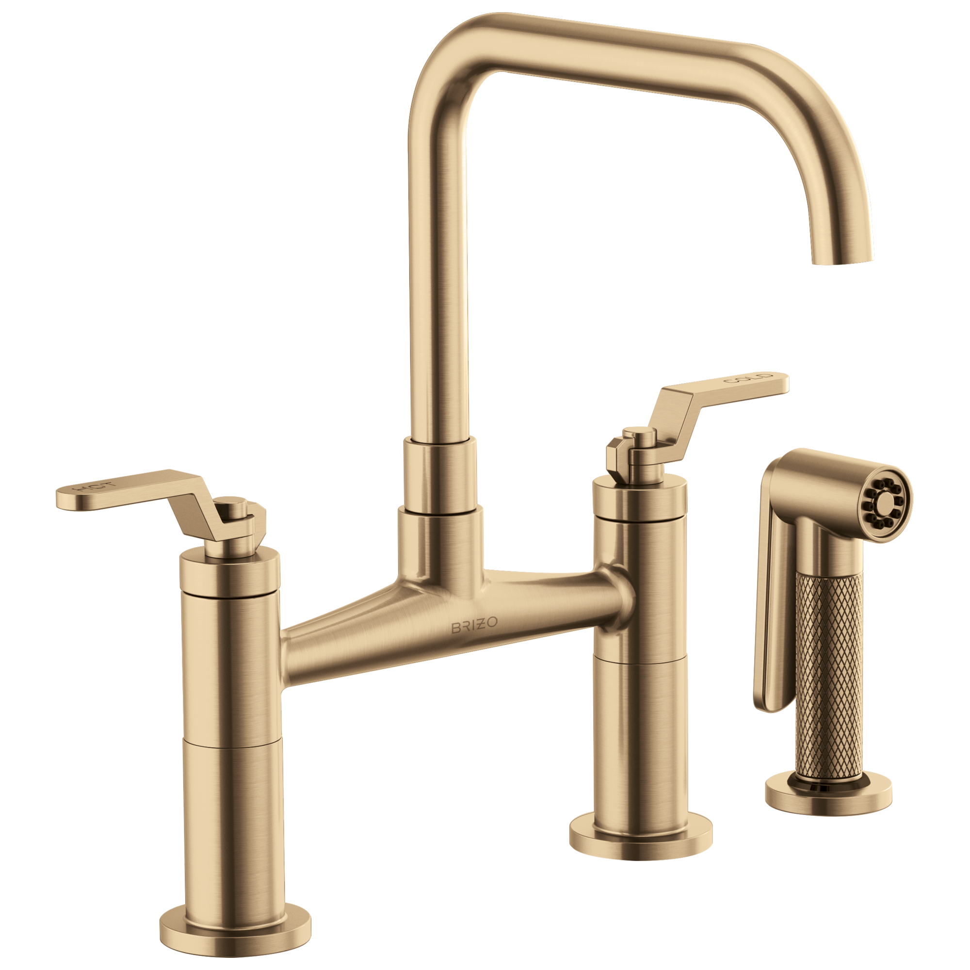 Brizo Litze Mezcladora Puente — Surtidor Cuadrado, Manija Industrial — Oro Luxe