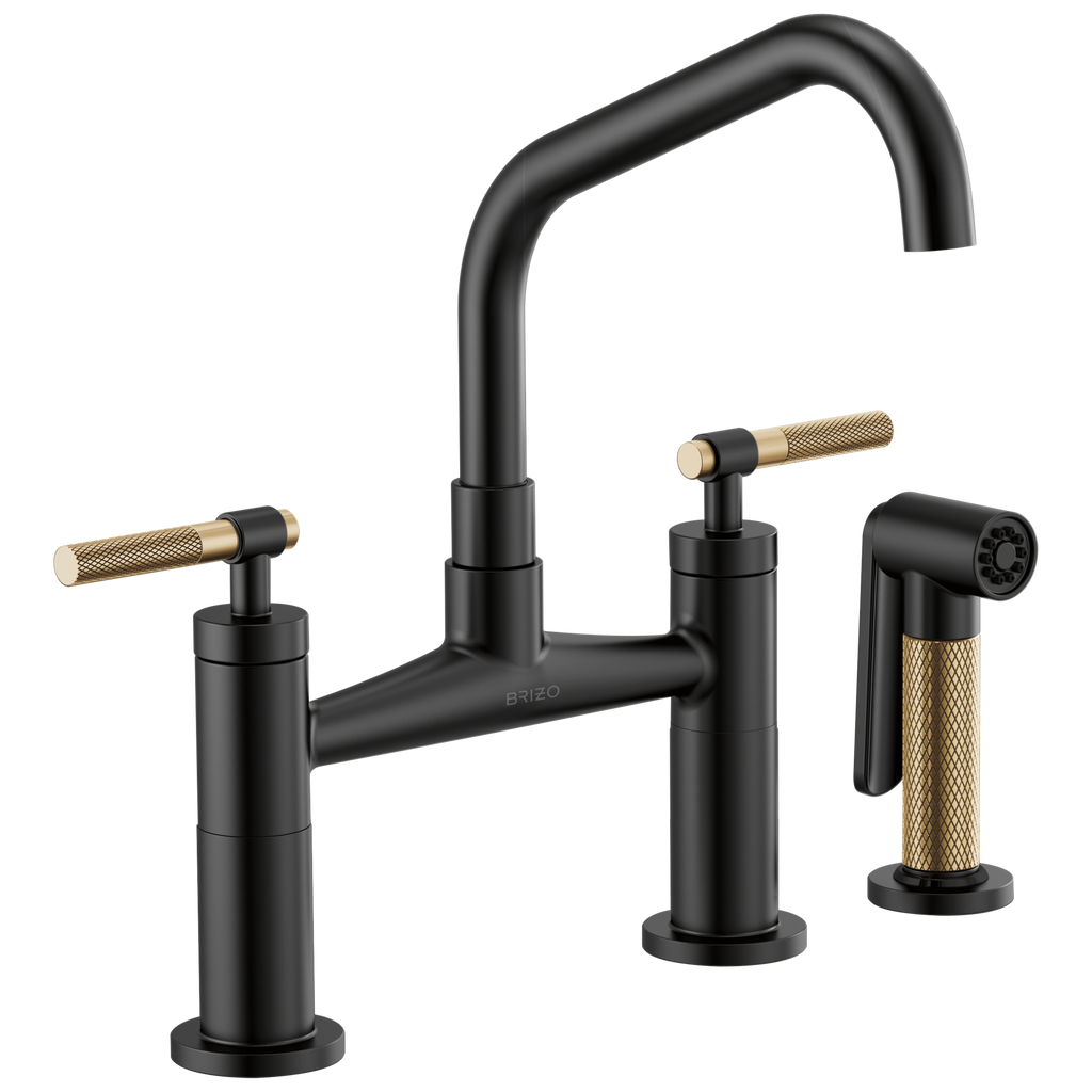 Brizo Litze Mezcladora Puente — Surtidor en Ángulo, Manija Knurled — Negro Mate/Oro Luxe