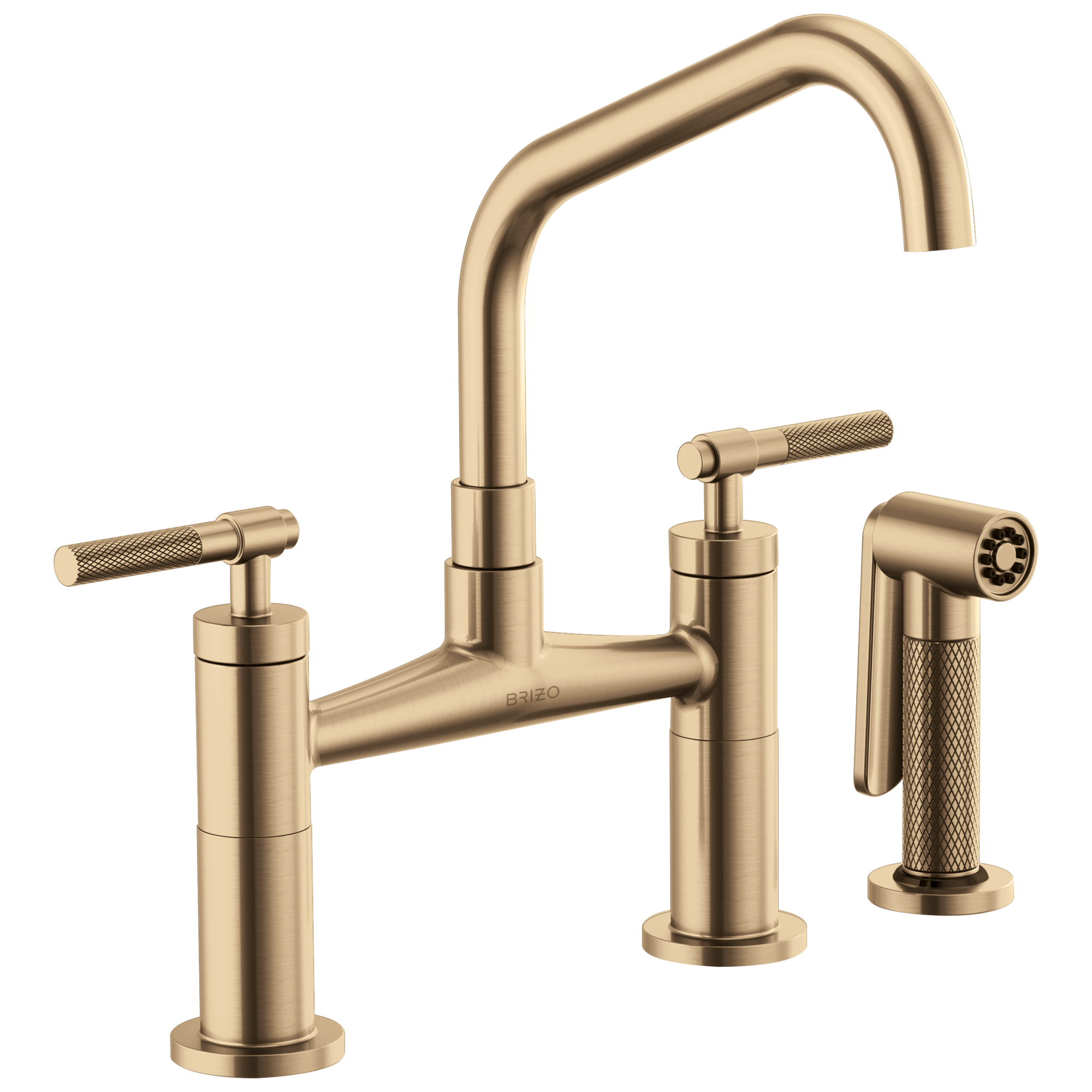 Brizo Litze Mezcladora Puente — Surtidor en Ángulo, Manija Knurled — Oro Luxe