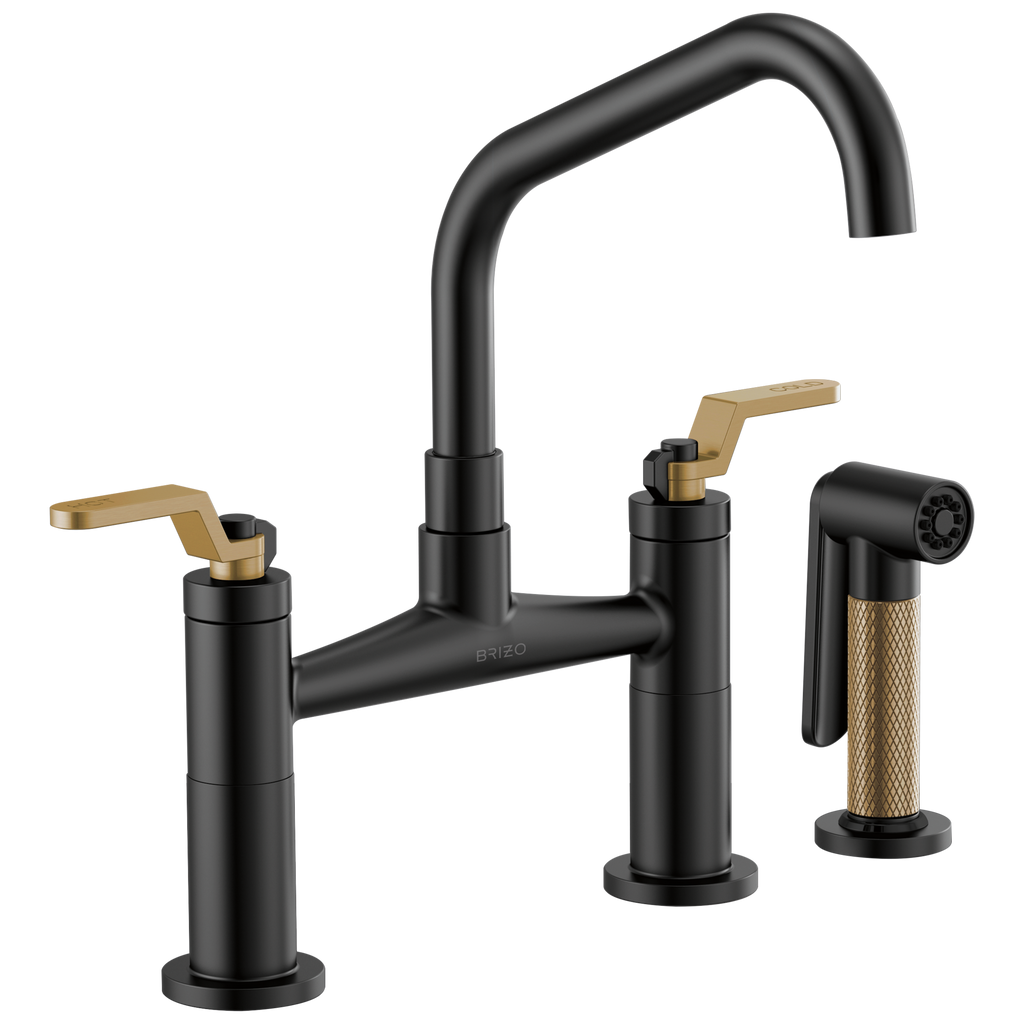 Brizo Litze Mezcladora Puente — Surtidor en Ángulo, Manija Industrial — Negro Mate/Oro Luxe