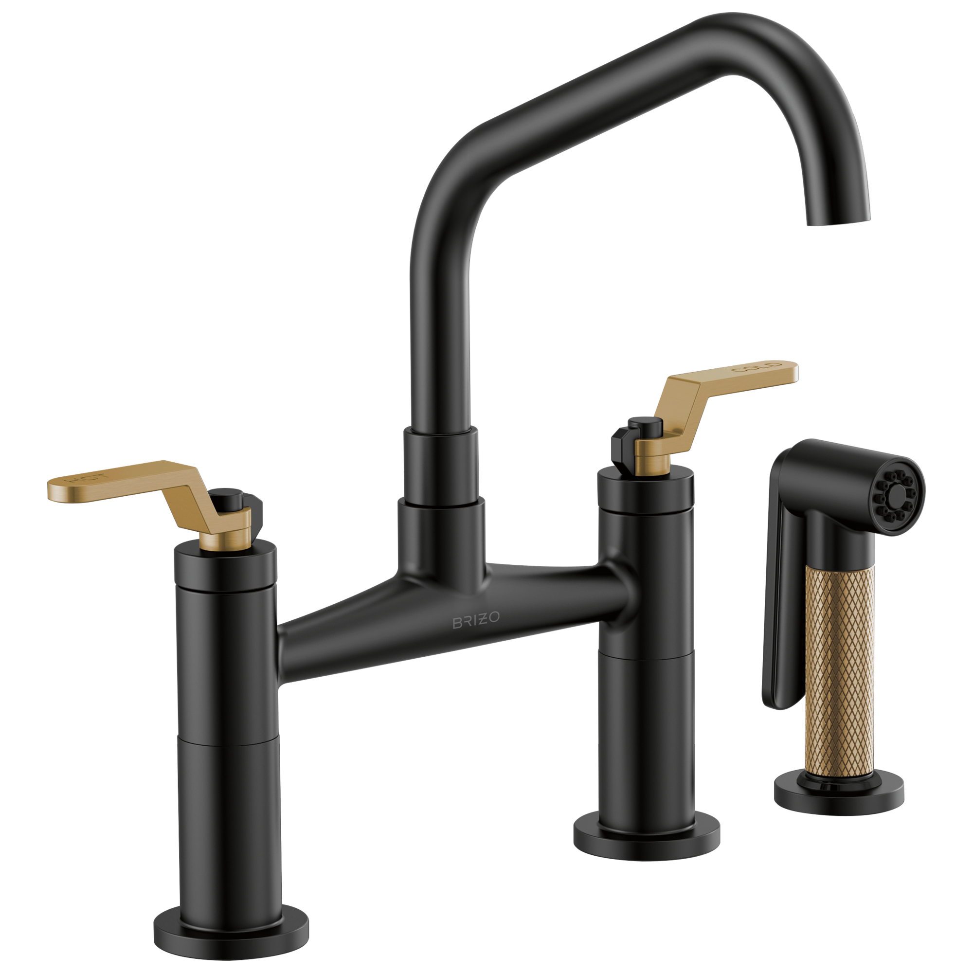 Brizo Litze Mezcladora Puente — Surtidor en Ángulo, Manija Industrial — Negro Mate/Oro Luxe