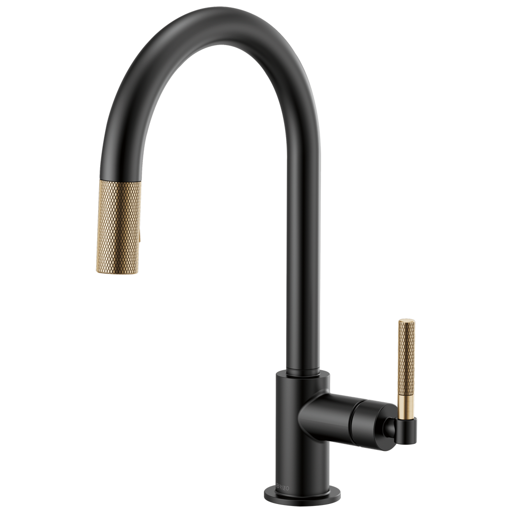 Brizo Litze Mezcladora Extraíble — Surtidor en Arco, Manija Knurled — Negro Mate/Oro Luxe