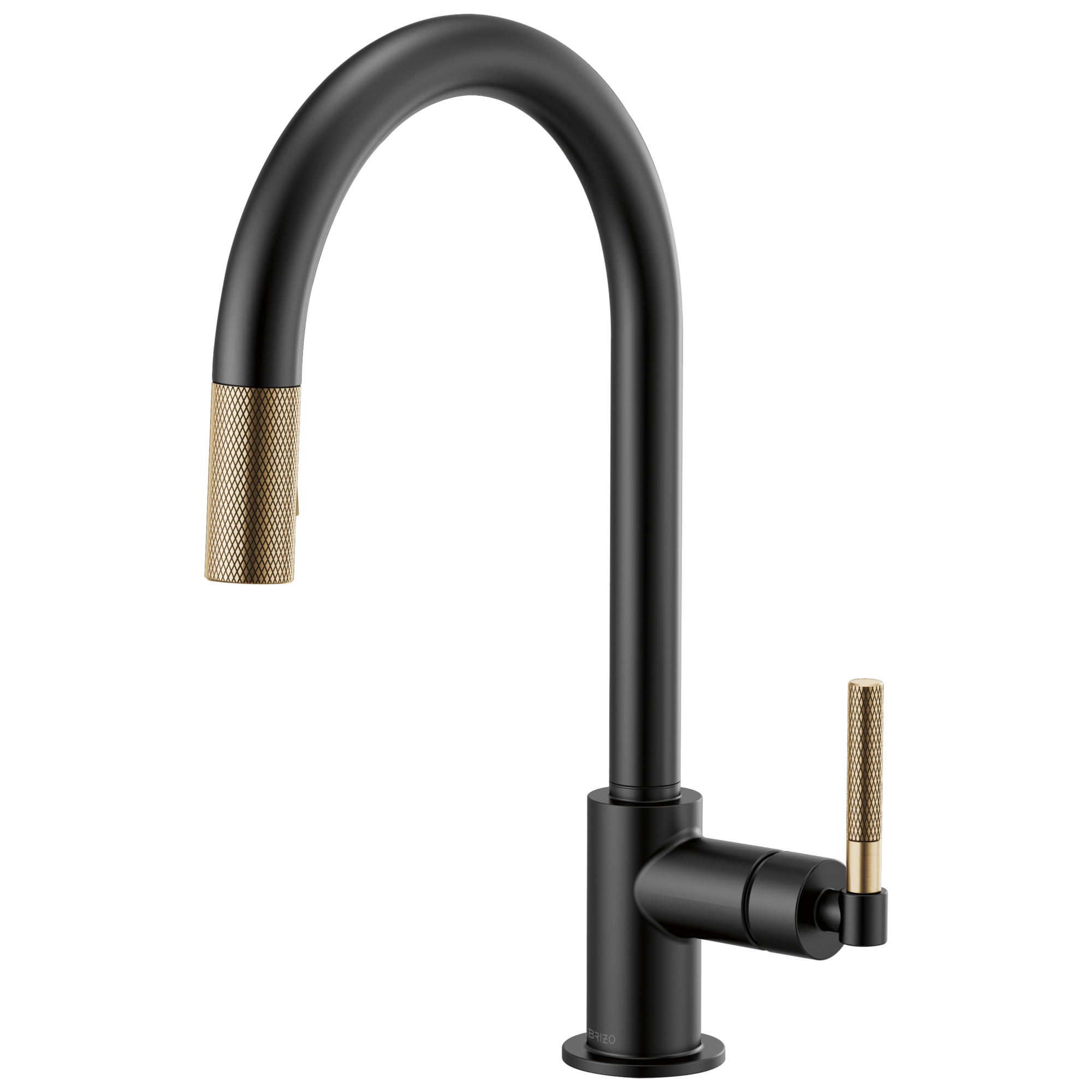 Brizo Litze Mezcladora Extraíble — Surtidor en Arco, Manija Knurled — Negro Mate/Oro Luxe
