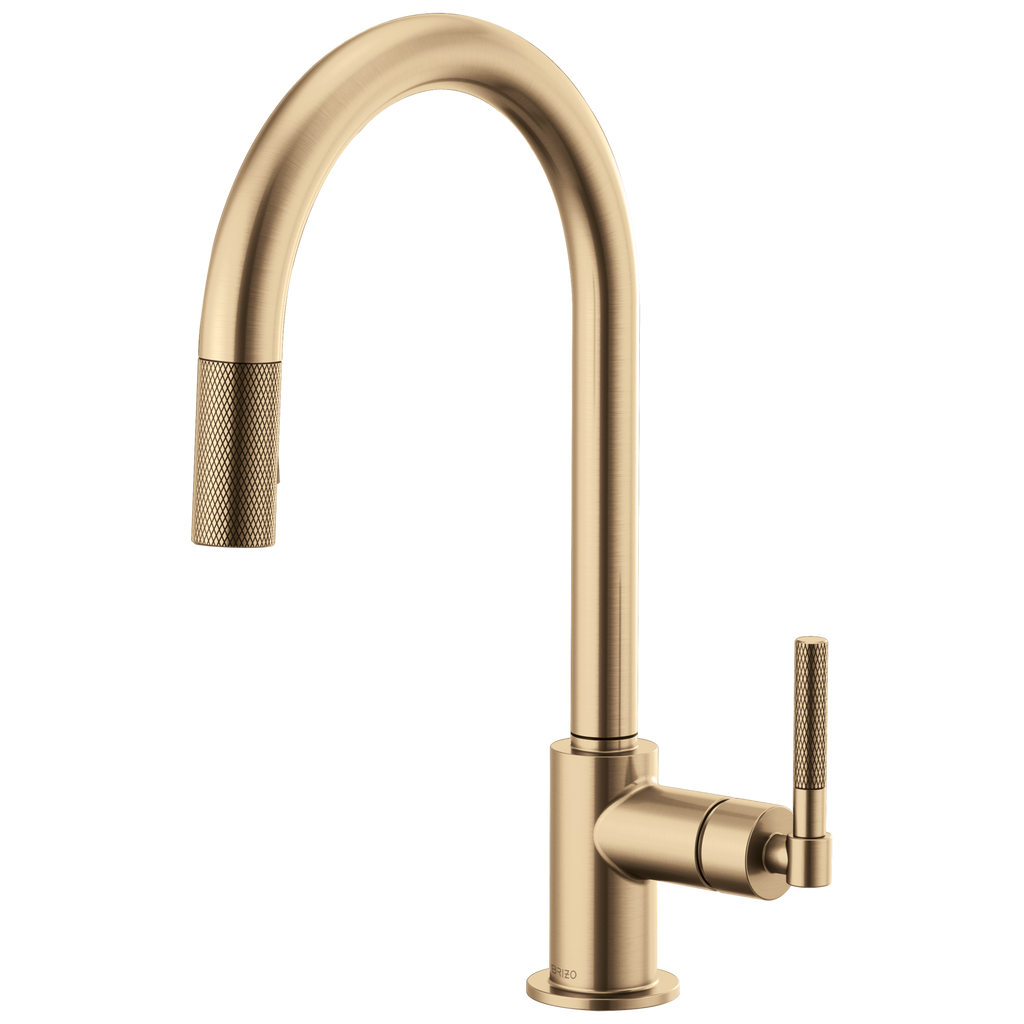Brizo Litze Mezcladora Extraíble — Surtidor en Arco, Manija Knurled — Oro Luxe