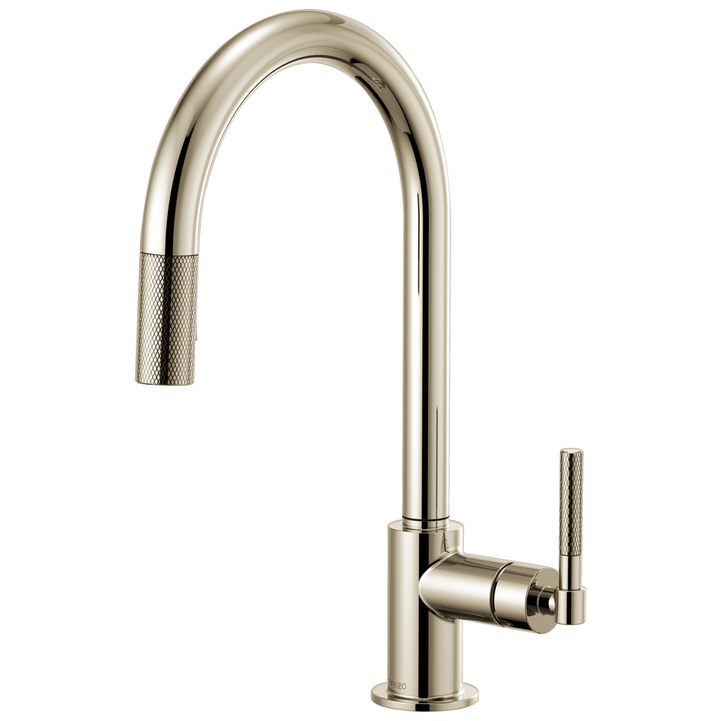 Brizo Litze Mezcladora Extraíble — Surtidor en Arco, Manija Knurled — Níquel Pulido