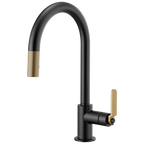 Brizo Litze Mezcladora Extraíble — Surtidor en Arco, Manija Industrial — Negro Mate/Oro Luxe