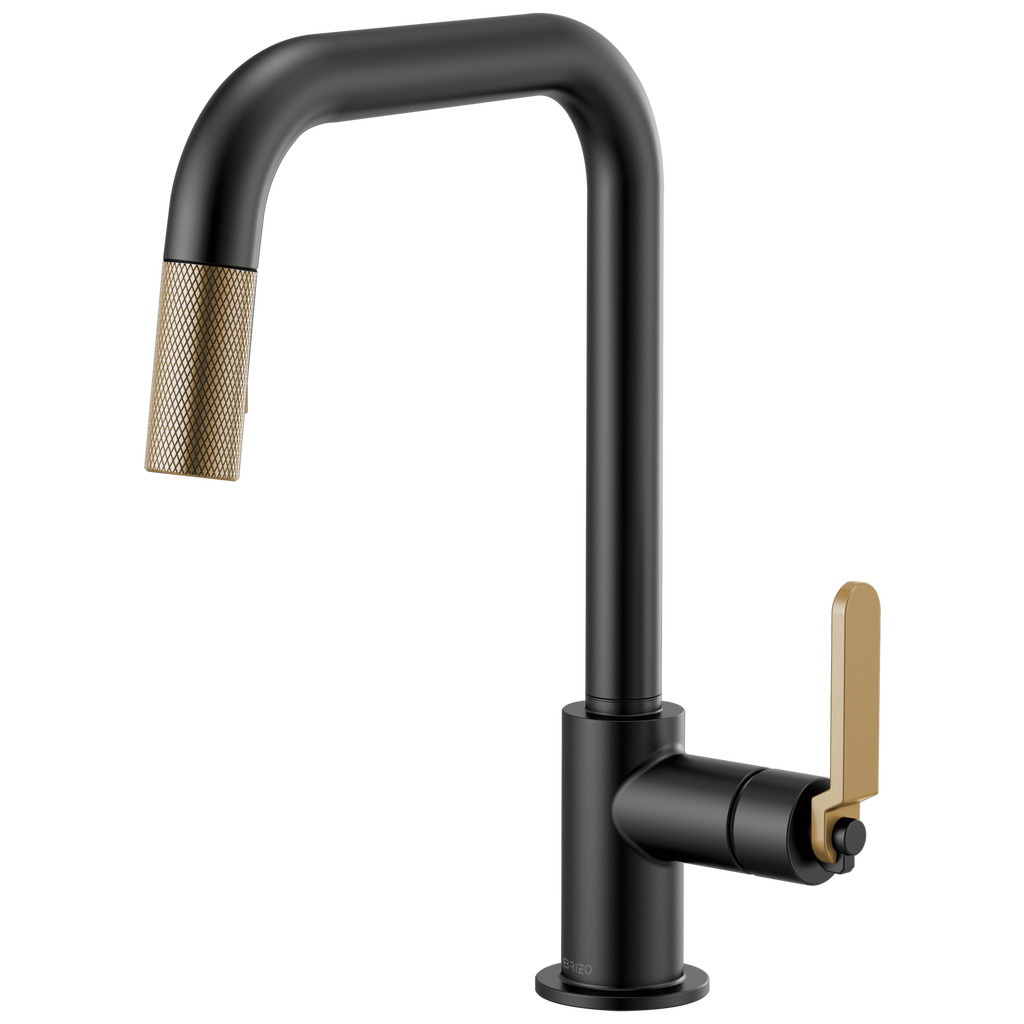 Brizo Litze Mezcladora Extraíble — Surtidor Cuadrado, Manija Industrial — Negro Mate/Oro Luxe