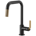Brizo Litze Mezcladora Extraíble — Surtidor Cuadrado, Manija Industrial — Negro Mate/Oro Luxe