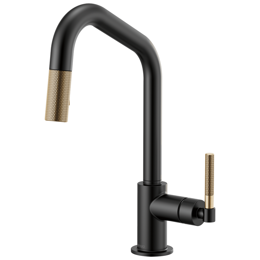 Brizo Litze Mezcladora Extraíble — Surtidor en Ángulo, Manija Knurled — Negro Mate/Oro Luxe