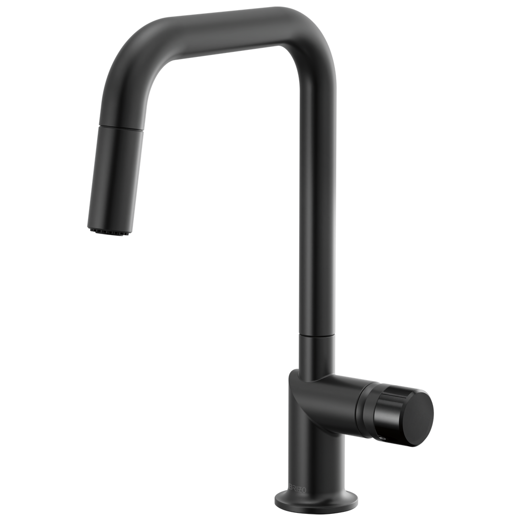 Brizo Odin Mezcladora Extraíble — Surtidor Cuadrado — Negro Mate — Perilla con Cristal Negro