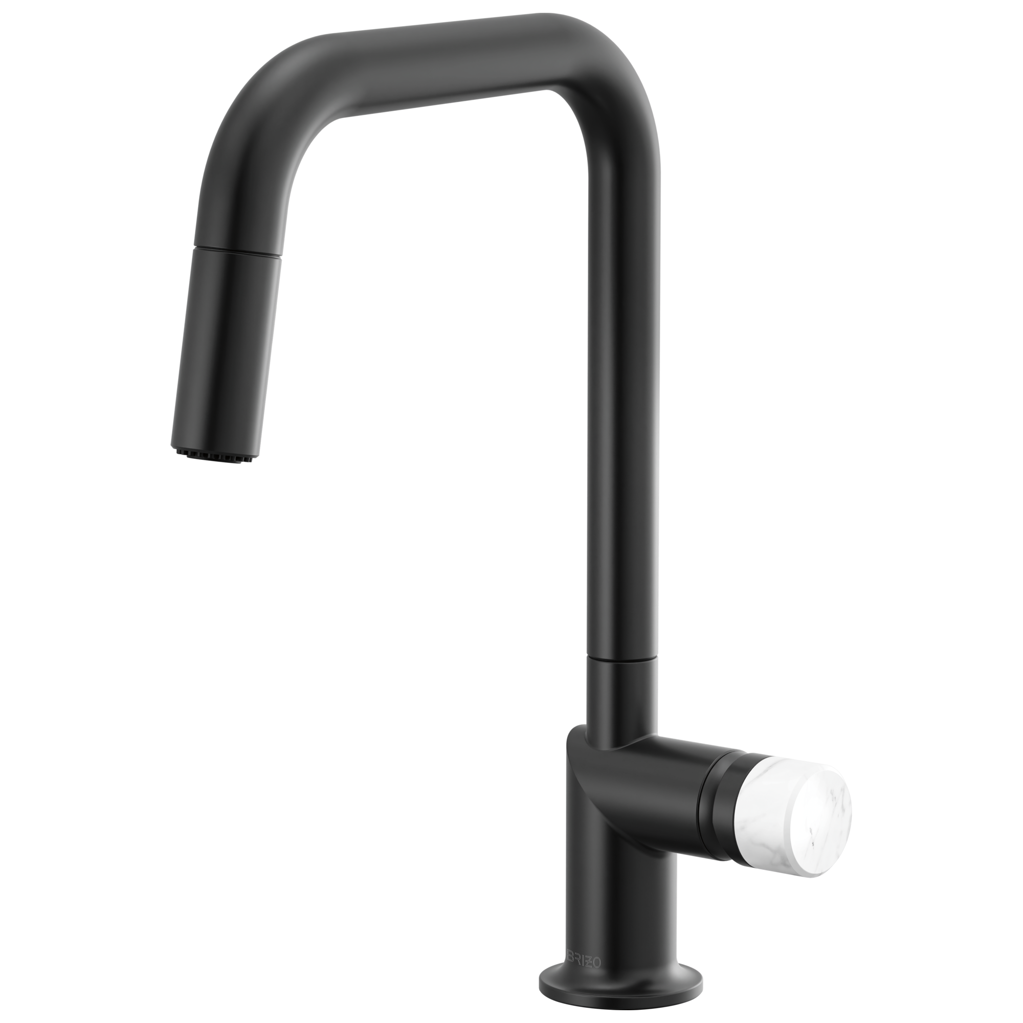 Brizo Odin Mezcladora Extraíble — Surtidor Cuadrado — Negro Mate — Perilla de Mármol Blanco